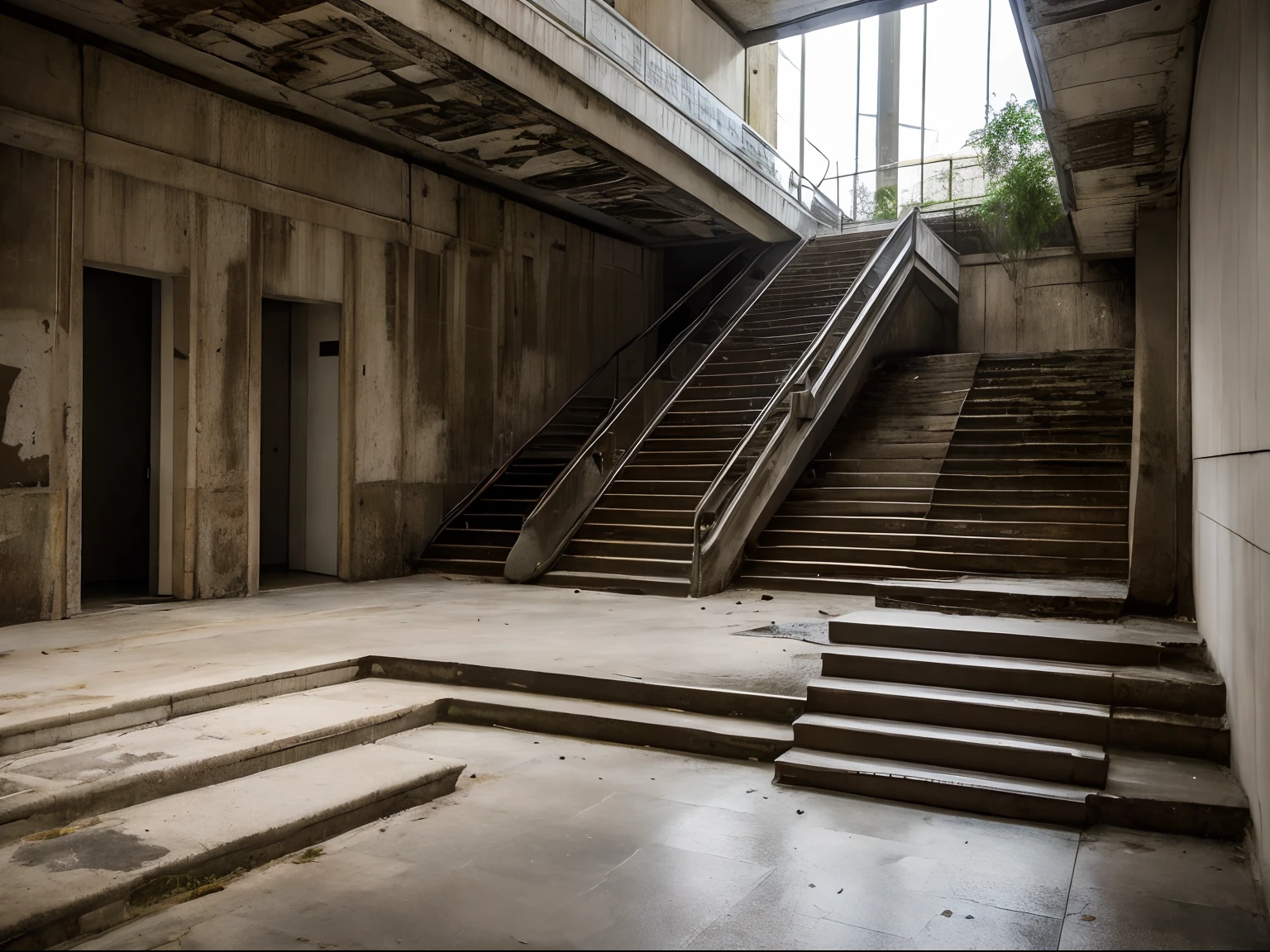 a liminal place, gloomy ambience, abandoned, backrooms, dirty, brutalist architecture, tension, nostalgic, giant, labyrinth, steps, stairs, (catholic sculptures), plants