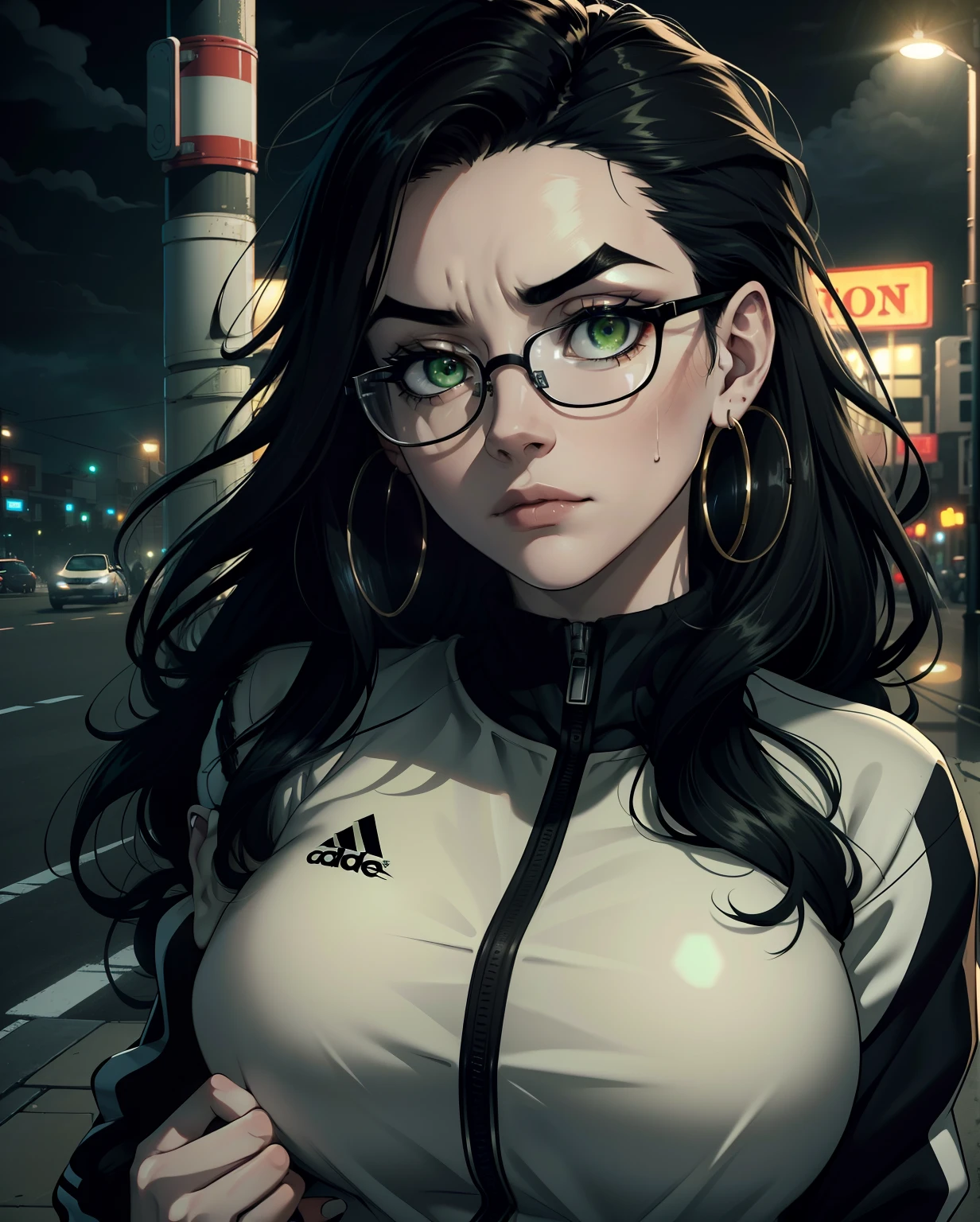 Best quality, volumetric lighting, cinematic lighting, masterpiece, ultra high res, 4k, (soft round detailed face), (sad expression), (detailed green eyes), bags under eyes, thick eyebrows, depressed, melancholy, (wearing rounded glasses), (very pale light skin), detailed black hair, ((long messy greasy hair)), (black adidas tracksuit), hoop earrings, hands in pockets, unwashed, unkempt, disheveled, sodium streetlamps, midnight, dark clouds