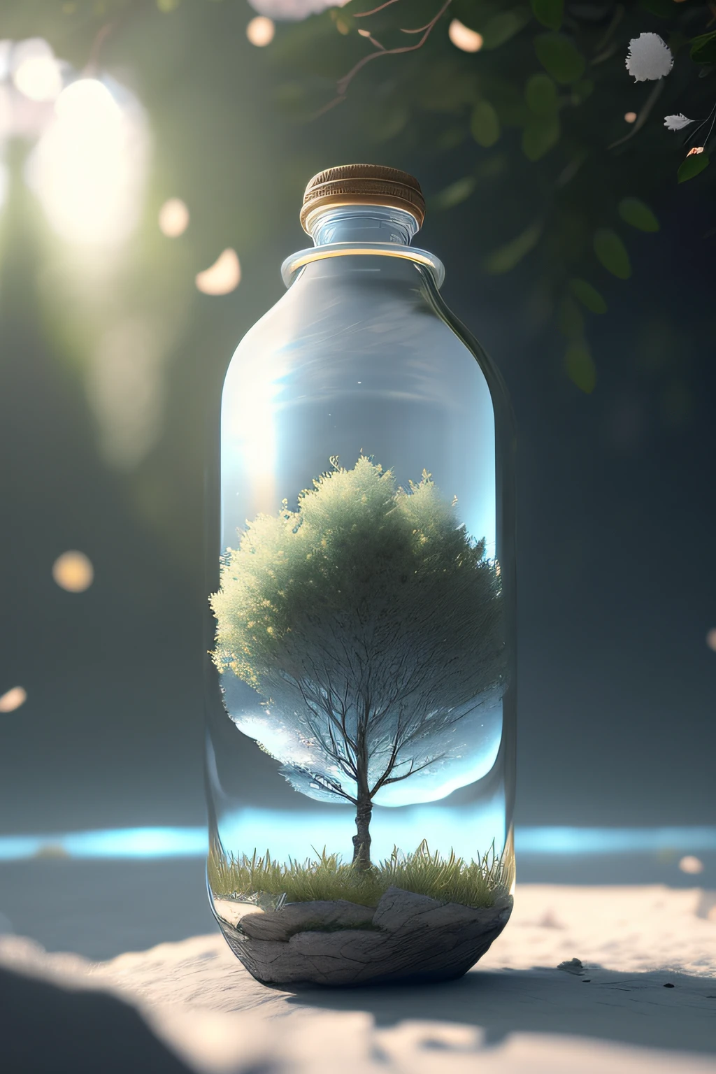 A dreamy art tree in a bottle, fluffy, realistic, photographic, canon, dreamy, artistic, splendid leaves and branches with flowers above its head. Greg Rutkowski's Ultra Detailed Photo Realism - H1024W 804 | F16 Lens Markers 2:2 S 35555 mm Film Particles: 1 Realistic High Resolution Sharp Focus Contrast!! The intricate and detailed atmospheric refractive lighting in Octane, Unreal Engine 5's cinematic concept cinematography masterpiece, presents the trend of CGSociety