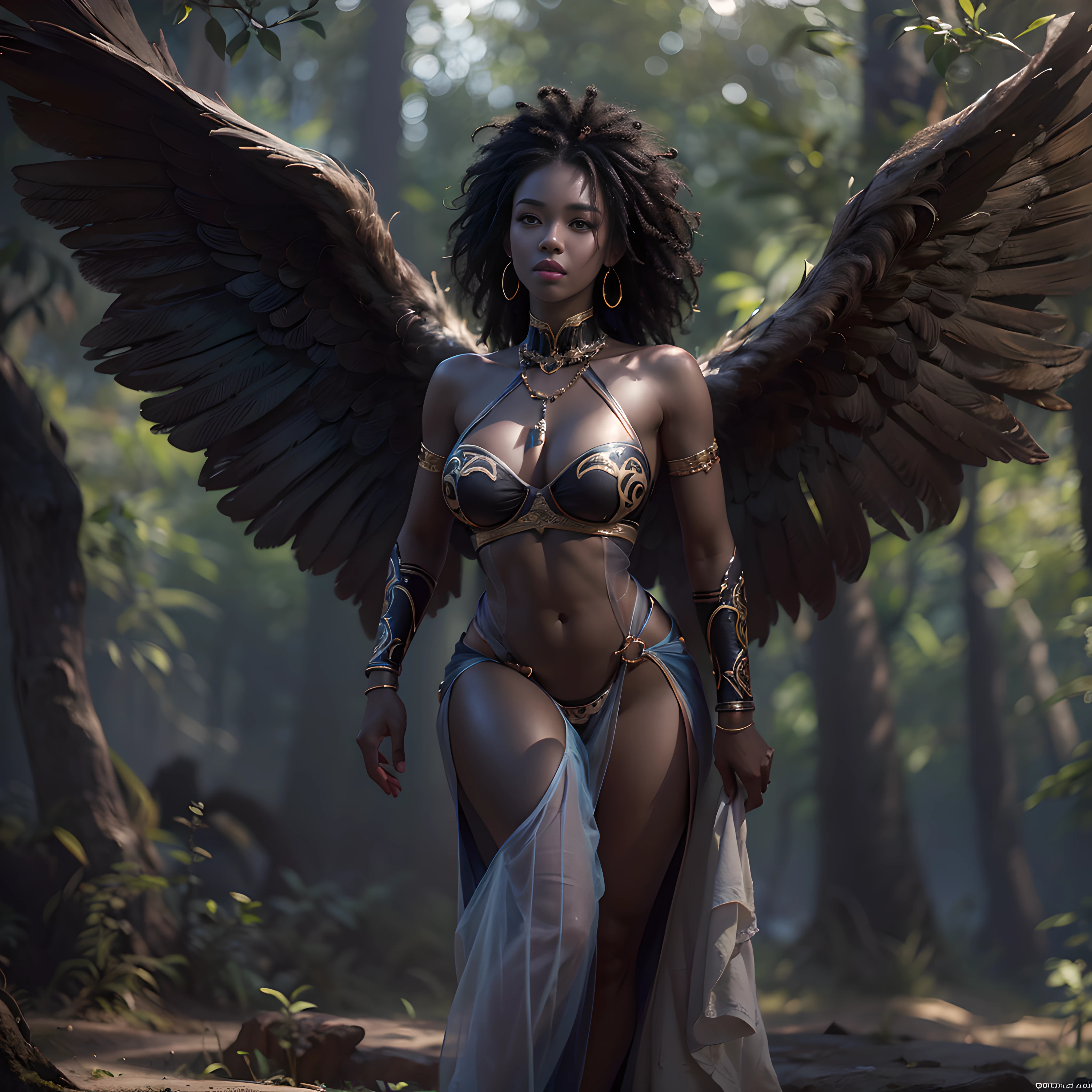 ((masterpiece)),((whole sculptural body)),((wide view of the angel)),4k,photorealism, real,hyper realistic,high res,athletic body,beautiful real sculptural body women, beautiful black african woman,black african royal thin african girl,((in the forest)),21 years old,((solo)),((real slender woman's face)),revealing body parts, transparent,hyper realistic, ultra detailed skin, small chest, ((visible,((transparent clothes)),neckline,((full body)),(masterpiece),(detailed high face),(high details),4k,8k , high res, ((hanging breasts)),normal, ultra realistic,(cinematic lighting),(cinematic pose))