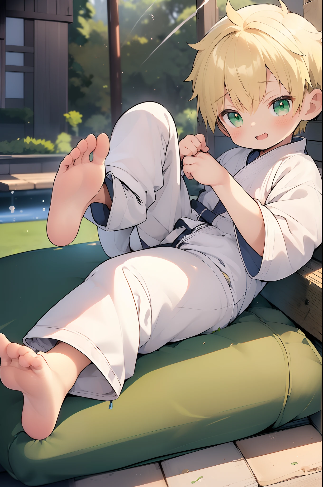 1boy, 4k, (Masterpiece:1), ********** with white colored hair and shiny, glowing orange eyes, (showing soles1.4), young, boy, child, small, toddler, tiny feet, focus on feet, blushing, lewd, (Young:1.4), (Child:1.4), (Shota:1.8), (male:1.8), (boy:1.9), (happy expression:1.4), (green eyes:1.6), (blonde hair:1.6), (short hair:1.7), (chubby:1.4), (jumpsuit:1.6), (laying on back:1.6), (foot:1.4),