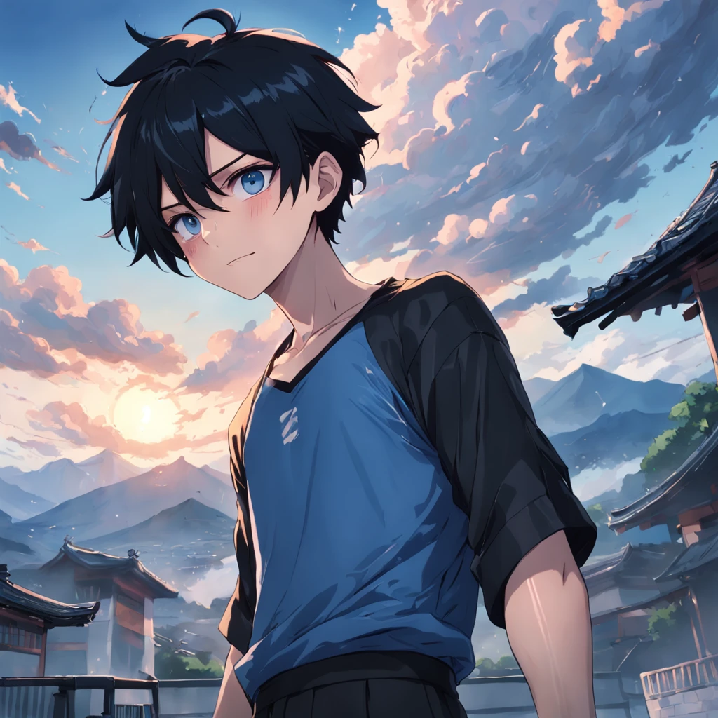 (8k, 4k, best quality, highres:1.1)(masterpiece),choker, best quality, expressive eyes, perfect face,layladef, full body, smile, blush, outdoors, day, simple background,oral,male pov, blue sky, short hair,sweaty, sky, temple, looking at viewer, mountain, moody lighting,black hair,glasses,fish nets socks,((ex),(nsfw)