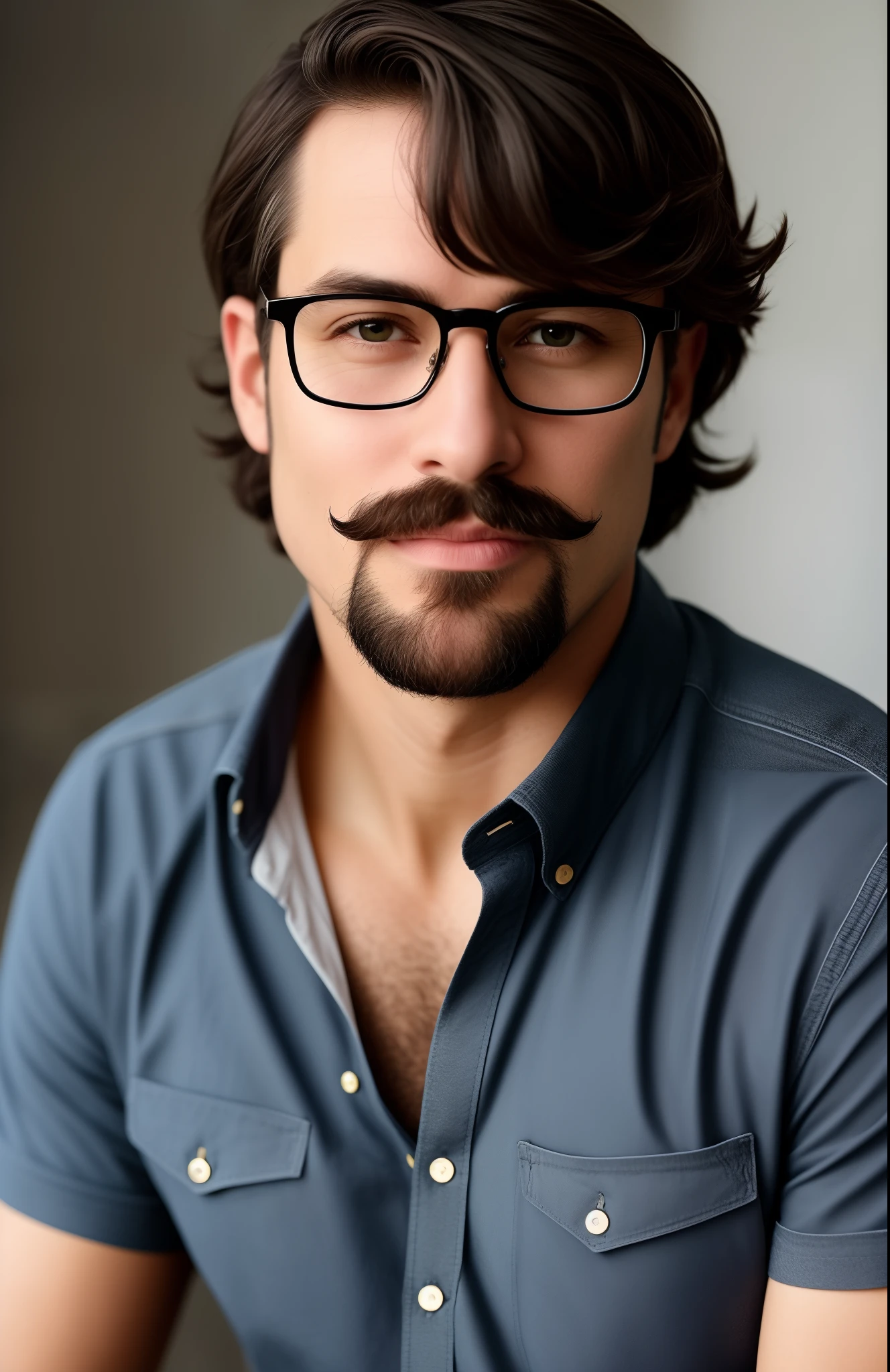 Age: Middle-aged, around 45-50 years.
Body Type: Medium build, neither overly muscular nor too thin. Shows slight signs of age, perhaps a bit of a belly.
Facial Hair: A distinguished mustache that rests comfortably above the lip. It's neither too thick nor too thin. Paired with a partial beard, primarily along the jawline, that connects with the mustache but leaves the chin bare.
Hair: Light brown hair, showing the first signs of greying especially at the temples. Hair length is medium-short, styled in a slightly tousled, carefree manner, indicative of his artistic nature.
Glasses: Trendy glasses with a modern design. Thin metal frames, perhaps in a matte finish, with slightly rounded rectangular lenses.
Eyes: Thoughtful and expressive, always observing the world around him, possibly a shade of hazel or green.
Dress Style: Wears comfortable, yet stylish clothing. Think of a casual shirt, perhaps with some artistic prints, rolled up sleeves, paired with straight-fit jeans and leather loafers.
Accessories: Occasionally sports a leather bracelet or a vintage watch. Might also have a sketchbook or a camera with him, showcasing his artistic inclination.
Posture and Demeanor: Has a confident yet relaxed posture. His movements are fluid, often lost in thought, observing his surroundings, or scribbling in a notebook.
Personality Traits: Creative, introspective, and keenly observant. Always has a thoughtful expression, as if constantly drawing or painting scenes in his mind.