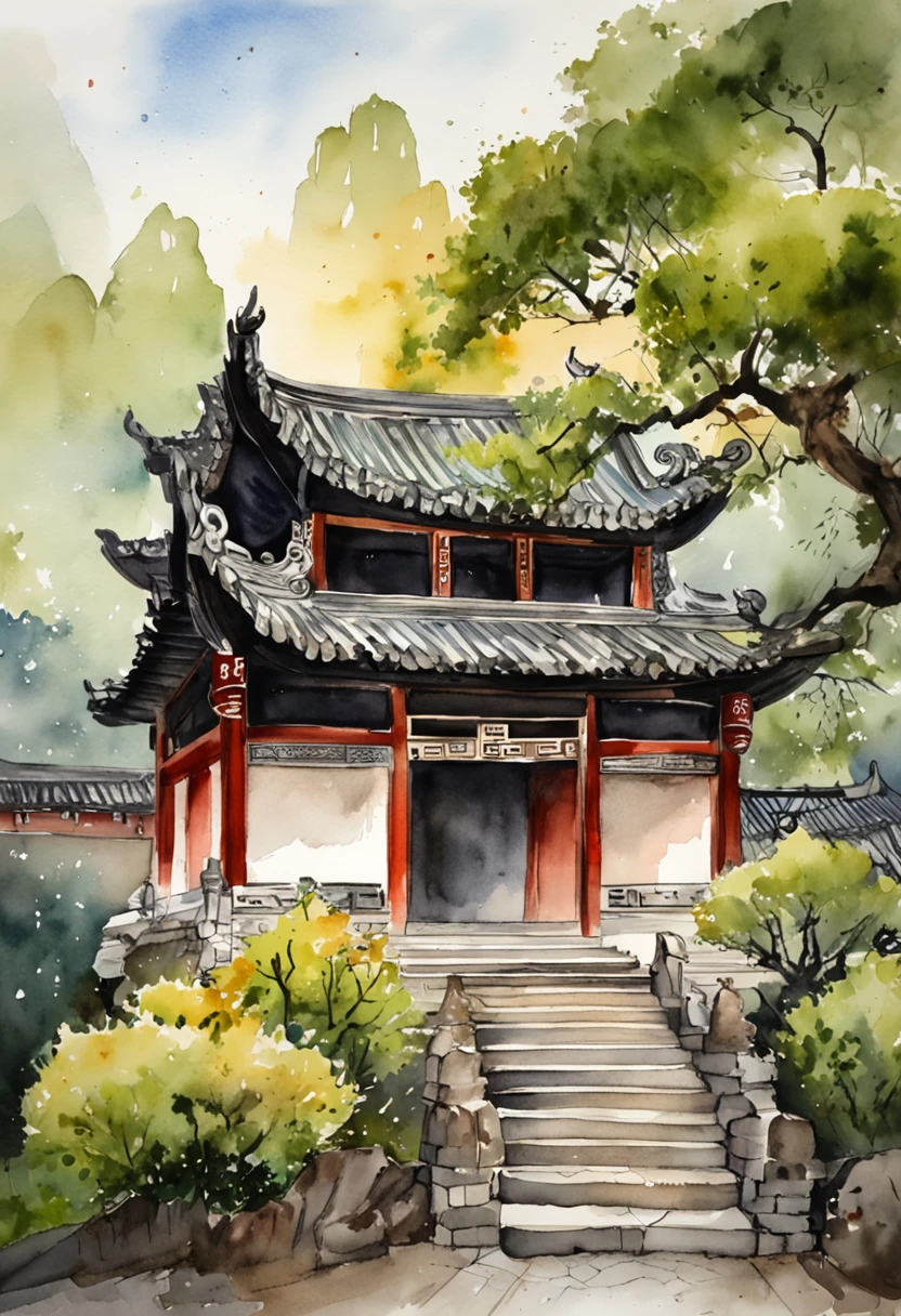 In a quaint Han Dynasty style temple,There are numerous buildings,The courtyard is covered with moss,There are many ancient trees outside the temple,There was a young monk cleaning the fallen leaves on the steps,There was a light rain in the sky,no sun