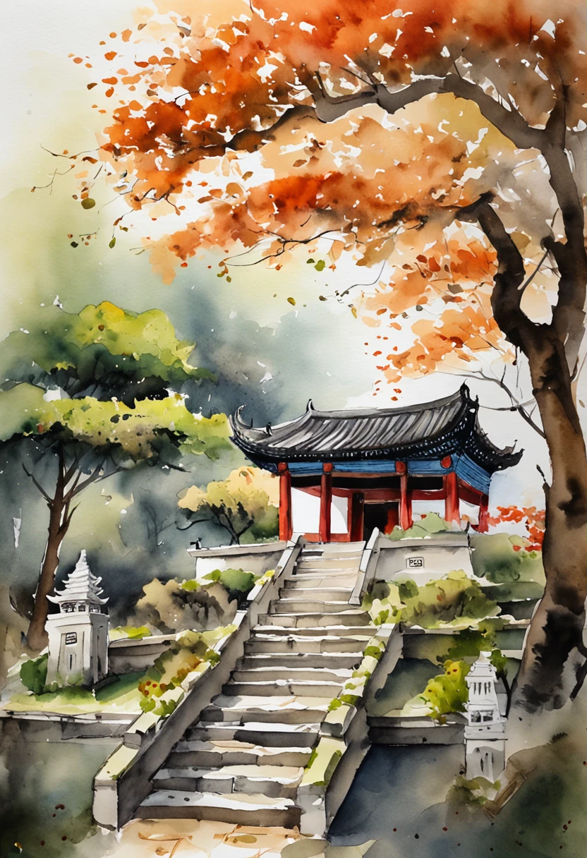 Quaint Han Dynasty style temple,(There was an ancient Chinese monk who sat and meditated(closeup cleavage)),(Meditate),zazen,age-old tree,falling leaf,(Chinese landscape painting style),(Pastel ink painting),(8k wallpaper),(light and shadow effect),rendering by octane,White balance design,Extremely detailed picture depiction,wide angles,depth of fields,tmasterpiece,realisticlying,Beautifully depicted,A detailed,acurate,Works of masters,tmasterpiece
