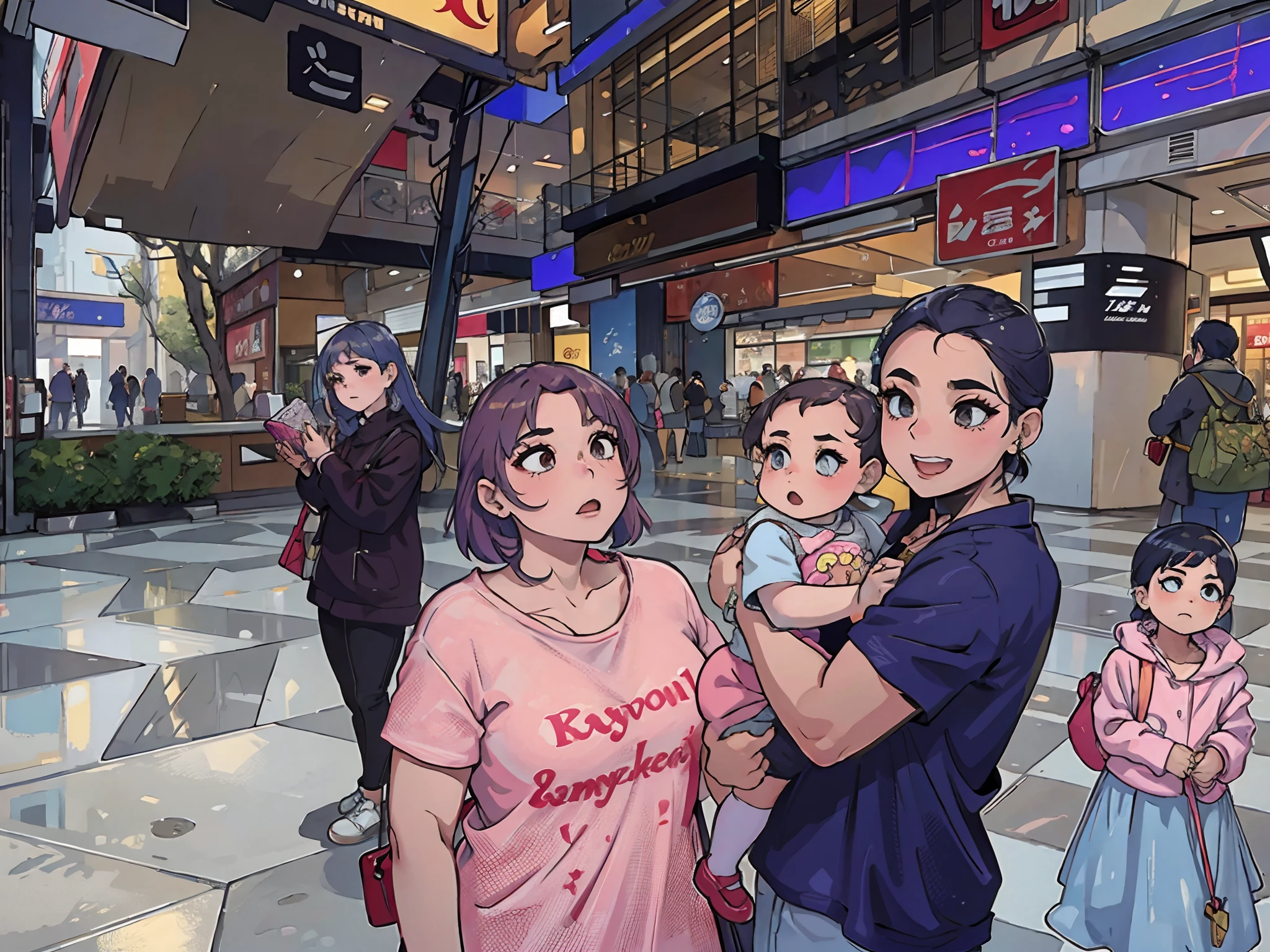 there are two women and a in a mall, at a mall, in a mall, taken with sony alpha 9, appearing in a shopping mall, shot on nikon z9, in the 4 0 th millenia, ruan jia and brom, with a kid, bangkok townsquare, with tiny people, in magnificent shopping mall, postprocessed), happy familyanime illustration, anime cartoon style, line art.