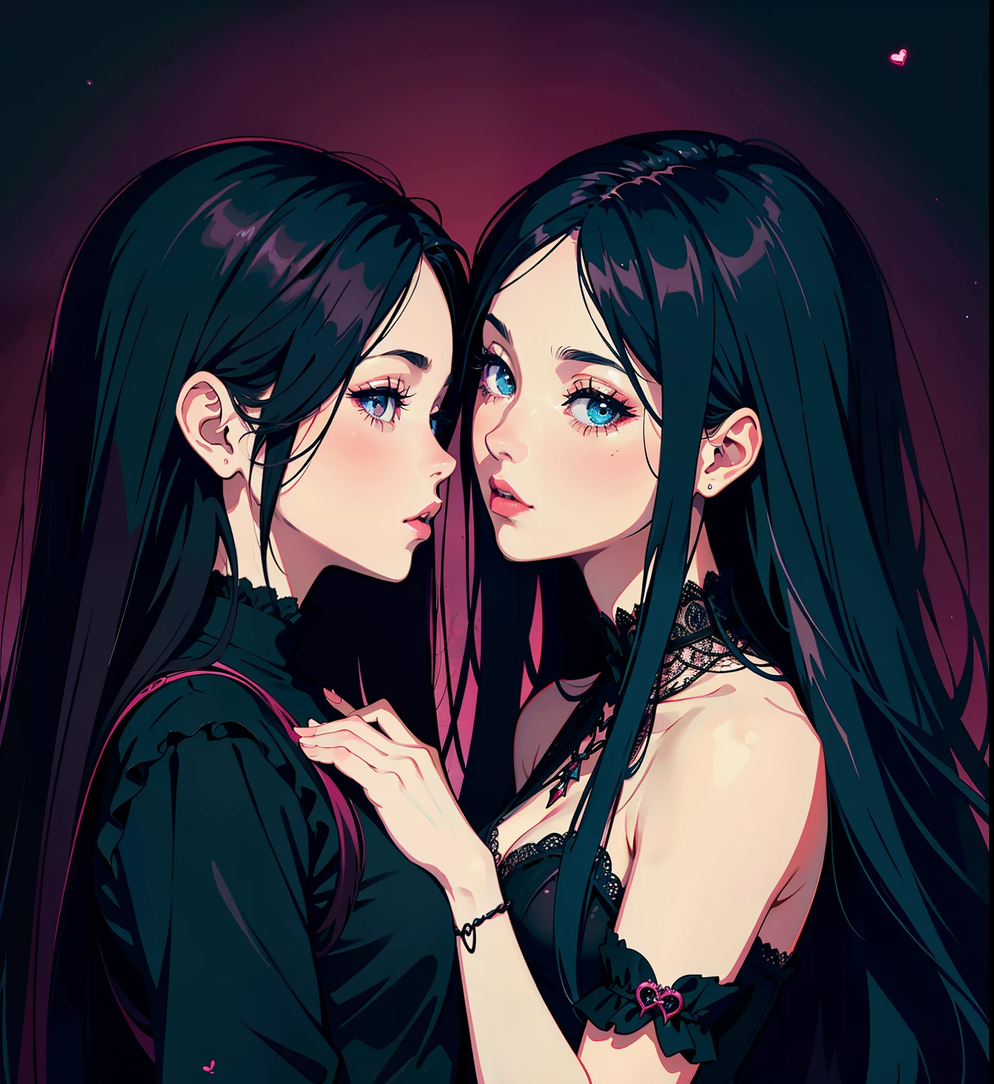 adesivo, fundo simples, portrait, 2 girls, couple, kissing, girl with long hair, beautiful gothic girl, gothic aesthetic, beautiful girl, very beautiful fantasy art, beautiful and elegant female gothic, beautiful detailed fantasy, black and pink color palate, black color-theme