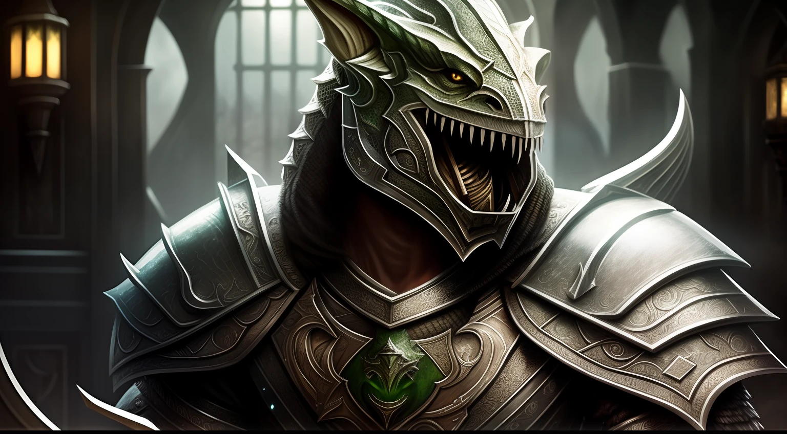 best quality,masterpiece,masterpiece portrait,intricate details,epic light,fantasy,Dragonborn,Dungeons & Dragons,Retro,white skin,solo,white armor,tavern,Green Cloak,Wooden table,Lizardman,Silver scale,kind smile