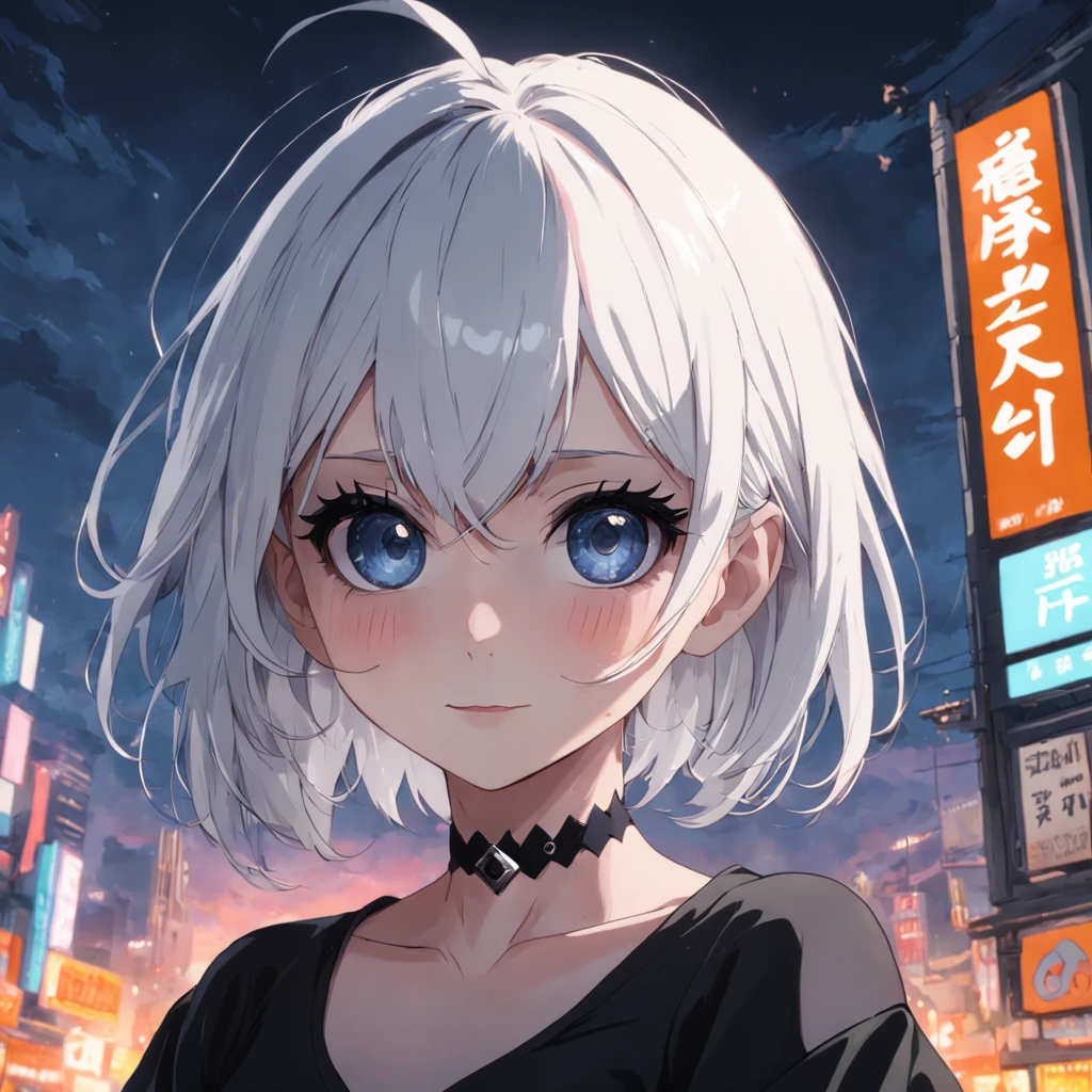 (8k, 4k, best quality, highres:1.1)(masterpiece),choker, best quality, expressive eyes, perfect face,layladef, full body, smile, outdoors, day, girl, white hair, bangs, short hair, mole under eye, fasihoned looking,goth makeup