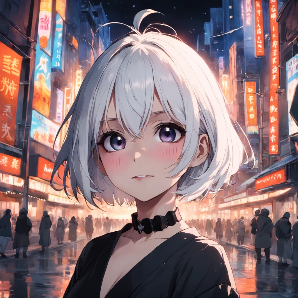 (8k, 4k, best quality, highres:1.1)(masterpiece),choker, best quality, expressive eyes, perfect face,layladef, full body, smile, outdoors, day, girl, white hair, bangs, short hair, mole under eye, fasihoned looking,goth makeup