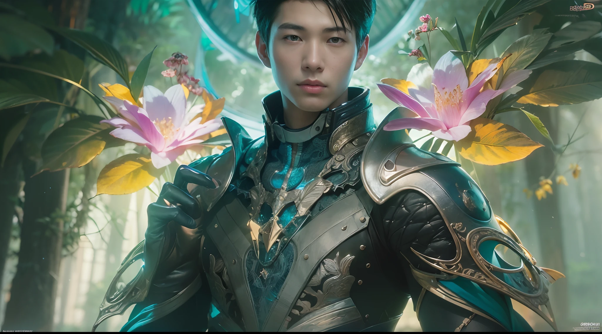 1boy, photo of very very handsome suave smiling young 25-year-old male Chinese prince, clothed in futuristic cybernetic armor, wearing a large futuristic crown, walking in an ethereal enchanted forest with neon glowing flowers and a rainbow in the sky, sci-fi, intricate, neon light, ((perfect face)), ((perfect hands)), ((perfect body)), ((correct ???????)), ((ultra-realistic)), ((8k, UHD)), highly detailed, digital painting, artstation, concept art, human ???????, soft light, smooth, illustration, art by tian zi and craig mullins and WLOP and alphonse mucha