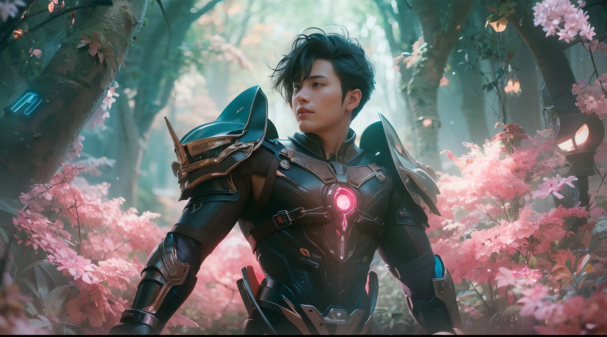 1boy, photo of very very handsome suave smiling young 25-year-old male Chinese prince, clothed in futuristic cybernetic armor, wearing a large futuristic crown, walking in an ethereal enchanted forest with neon glowing flowers and a rainbow in the sky, sci-fi, intricate, neon light, ((perfect face)), ((perfect hands)), ((perfect body)), ((correct anatomy)), ((ultra-realistic)), ((8k, UHD)), highly detailed, digital painting, artstation, concept art, human anatomy, soft light, smooth, illustration, art by tian zi and craig mullins and WLOP and alphonse mucha