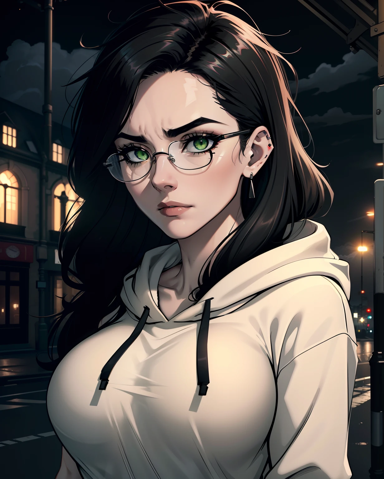 Best quality, volumetric lighting, cinematic lighting, masterpiece, ultra high res, 4k, (soft round detailed face), (sad expression), (detailed green eyes), bags under eyes, thick eyebrows, depressed, melancholy, (wearing rounded glasses), (very pale light skin), detailed black hair, ((long messy greasy hair)), (plain black hoodie), black stud earrings, black nail varnish, unwashed, unkempt, disheveled, sodium streetlamps, midnight, dark clouds, London