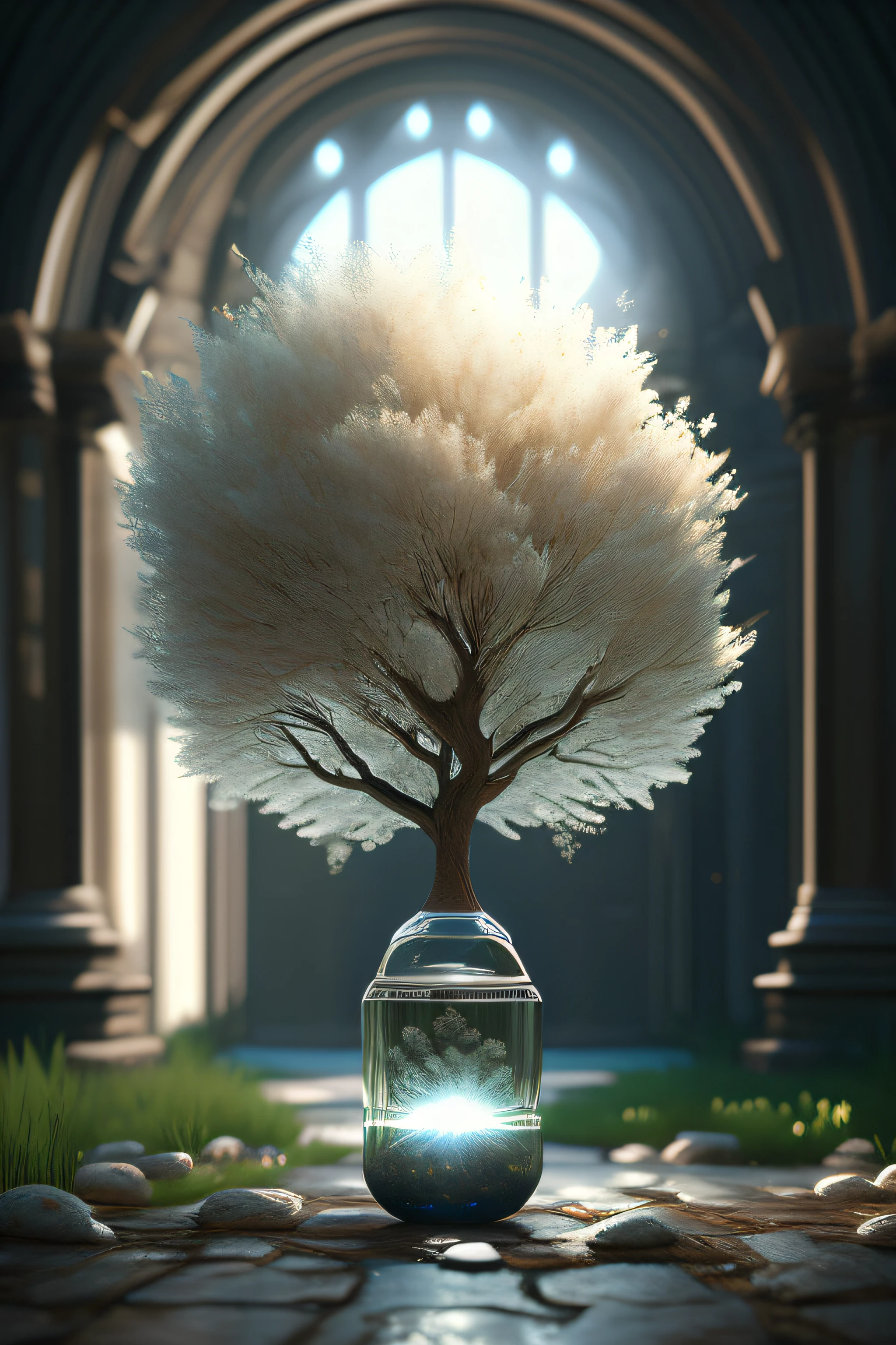A dreamy art tree in a bottle, fluffy, realistic, photographic, canon, dreamy, artistic, splendid leaves and branches with flowers above its head. Greg Rutkowski's Ultra Detailed Photo Realism - H1024W 804 | F16 Lens Markers 2:2 S 35555 mm Film Particles: 1 Realistic High Resolution Sharp Focus Contrast!! The intricate and detailed atmospheric refractive lighting in Octane, Unreal Engine 5's cinematic concept cinematography masterpiece, presents the trend of CGSociety
