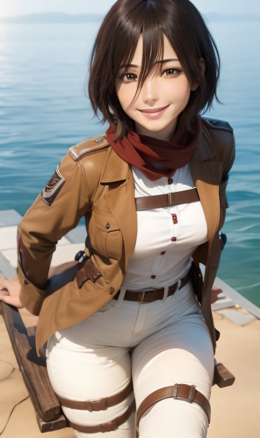 one girl, mikasa ackerman, facing viewer, smiling, realistic, brown shirt, white shirt, red scarf, high quality, image detail, full HD, 4k
