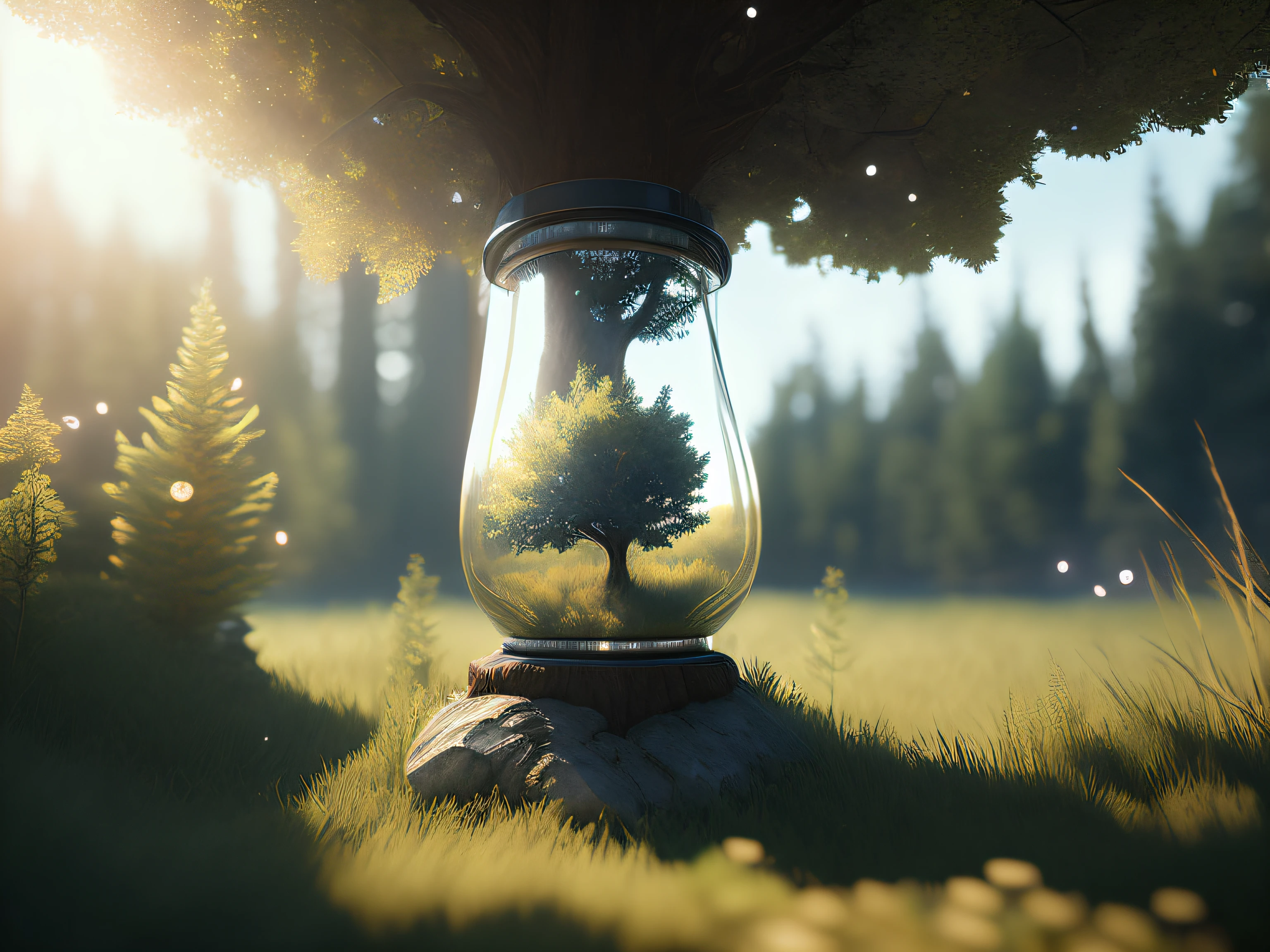 A dreamy art tree in a bottle, fluffy, realistic, photographic, canon, dreamy, artistic, splendid leaves and branches with flowers above its head. Greg Rutkowski's Ultra Detailed Photo Realism - H1024W 804 | F16 Lens Markers 2:2 S 35555 mm Film Particles: 1 Realistic High Resolution Sharp Focus Contrast!! The intricate and detailed atmospheric refractive lighting in Octane, Unreal Engine 5's cinematic concept cinematography masterpiece, presents the trend of CGSociety
