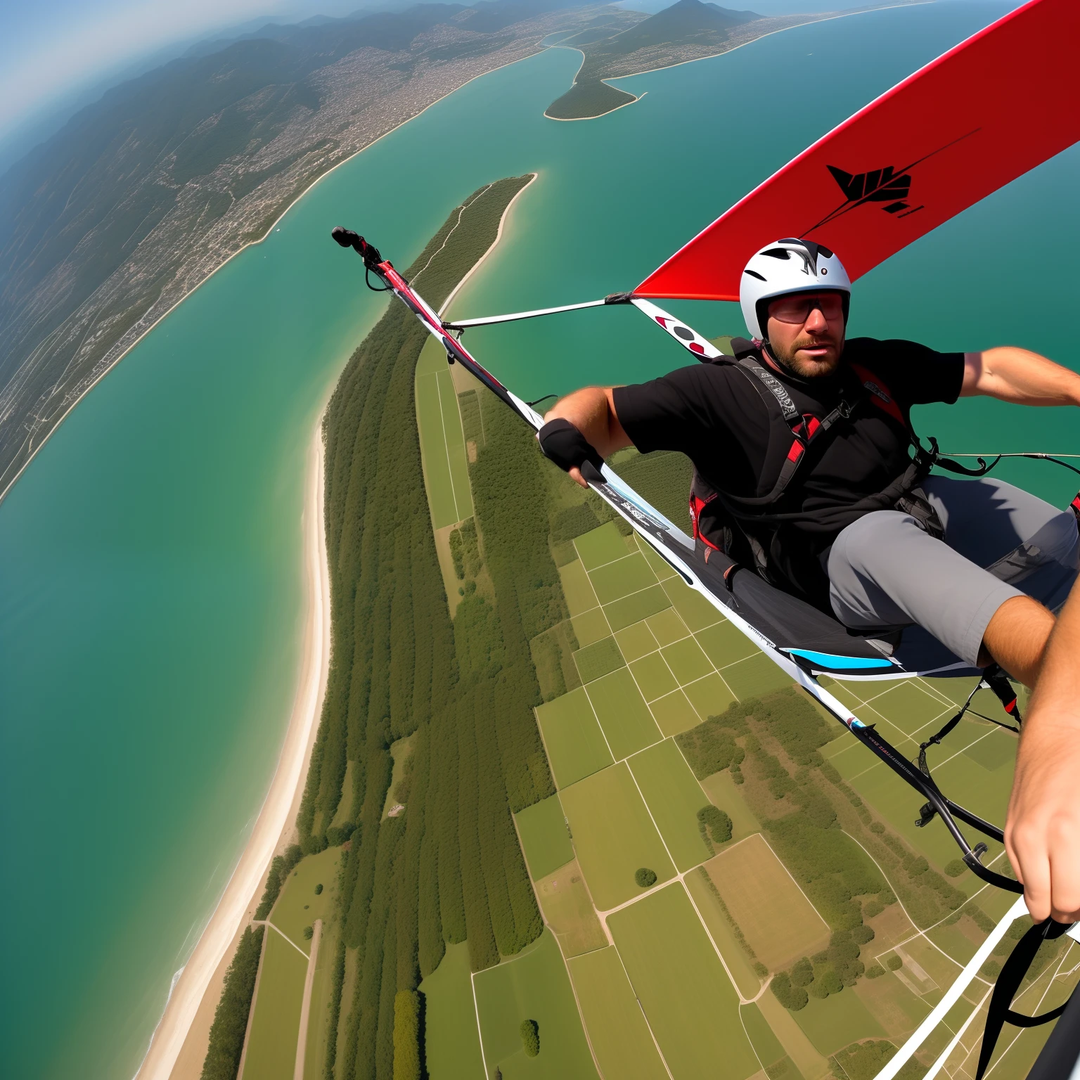 Face of a man flying on hang gliding