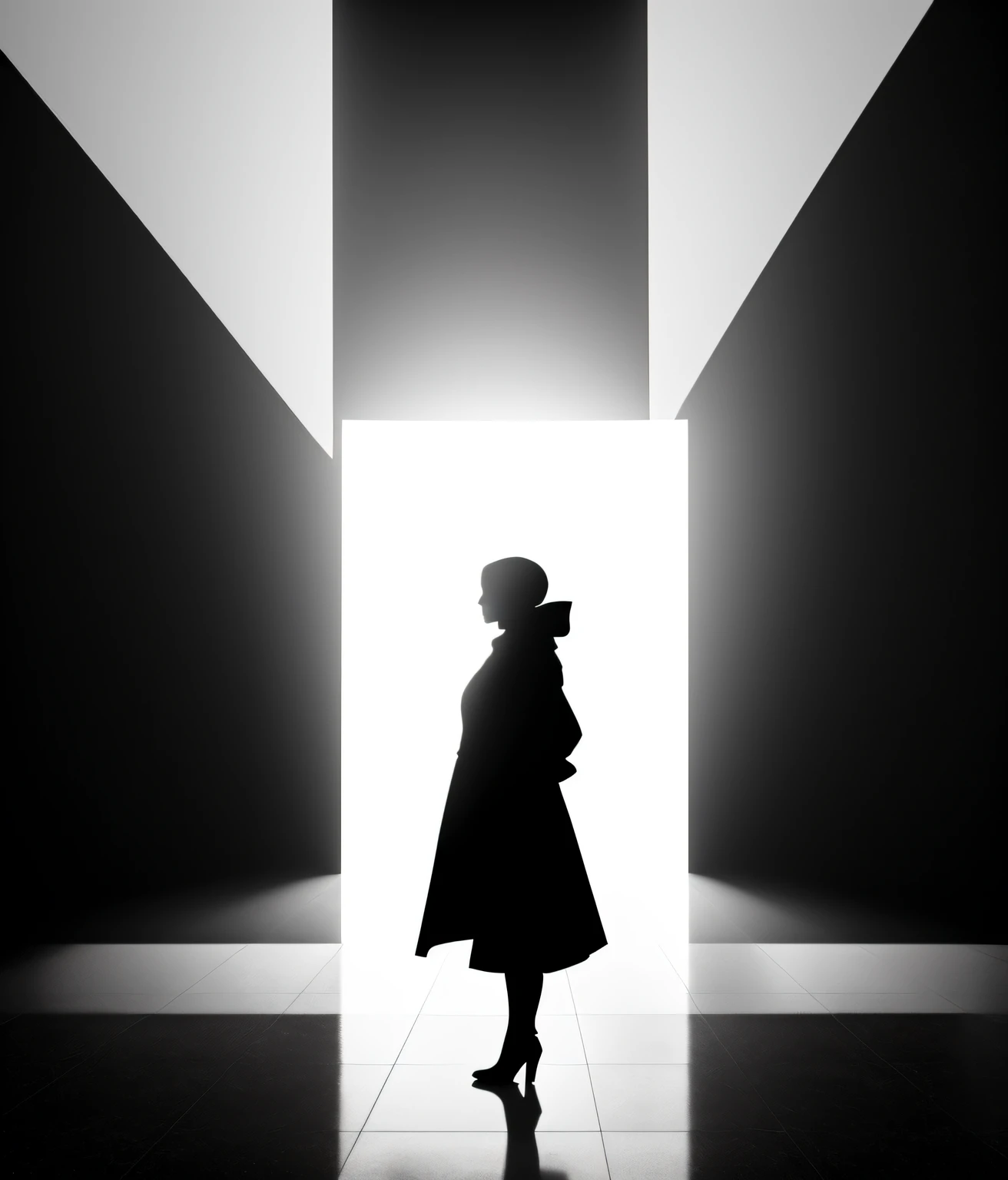 there is a woman standing in a doorway with a reflection of a building, silhouette :7, silhoutte, woman silhouette, silhouetted, black silhouette, backlit girl in raincoat, silhouette, female image in shadow, silhouette!!!, girl standing, detailed silhouette, siluette, atmospheric portrait, silhouettes, silhuette, mysterious woman, vertical portrait