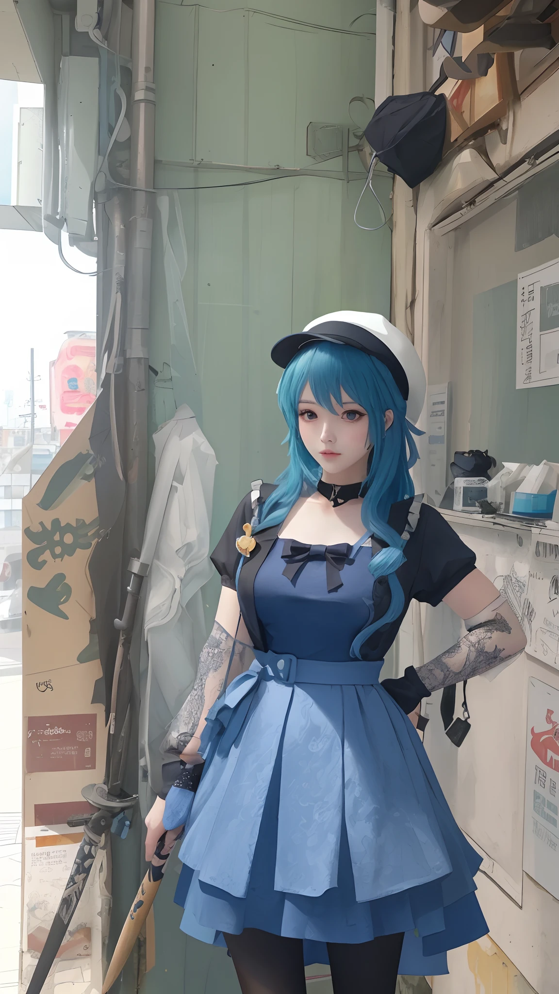 tmasterpiece,best qualtiy,8k wallpaper,The is very detailed,illustratio,(perfect bodies:1.1), 1个Giant Breast Girl, dual horsetail,wearing hat,Cyberpunk-inspired short outfits, Baseball bat, Turn Back,exposed。