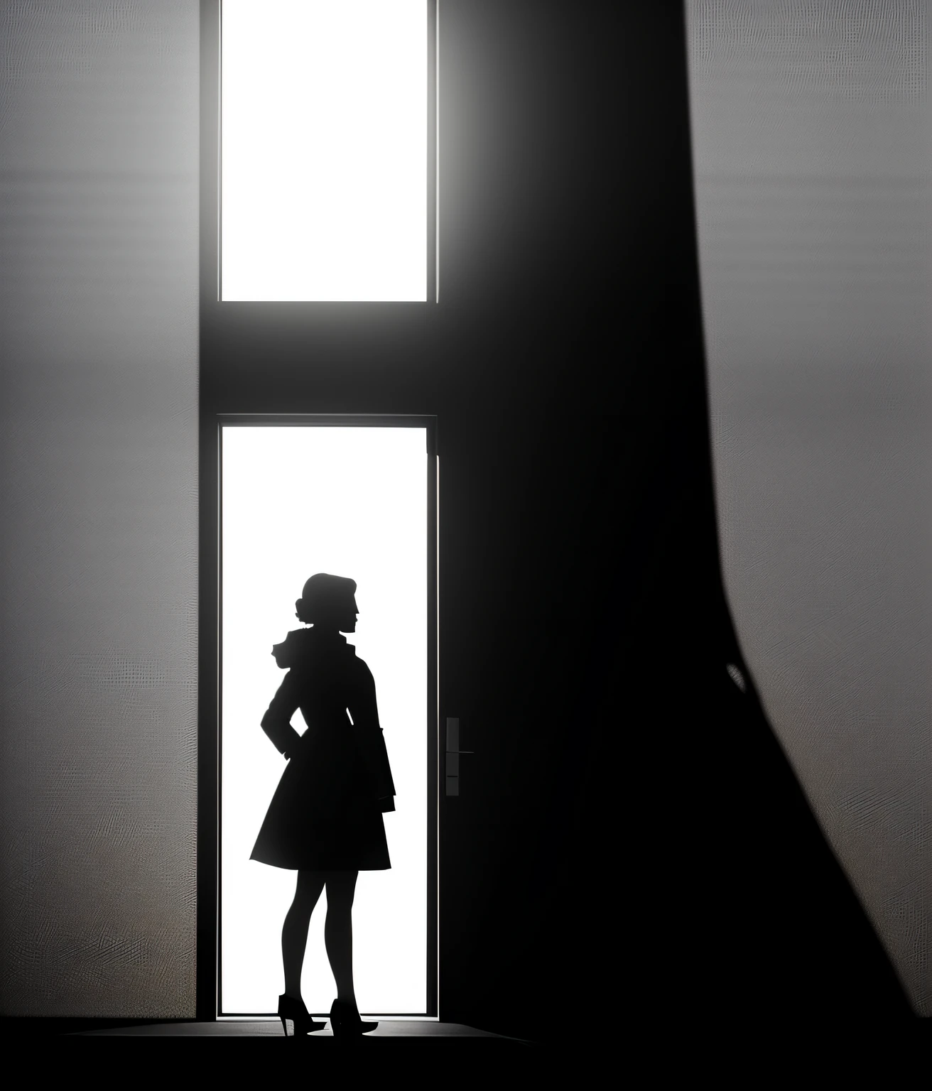 there is a woman standing in a doorway with a reflection of a building, silhouette :7, silhoutte, woman silhouette, silhouetted, black silhouette, backlit girl in raincoat, silhouette, female image in shadow, silhouette!!!, girl standing, detailed silhouette, siluette, atmospheric portrait, silhouettes, silhuette, mysterious woman, vertical portrait