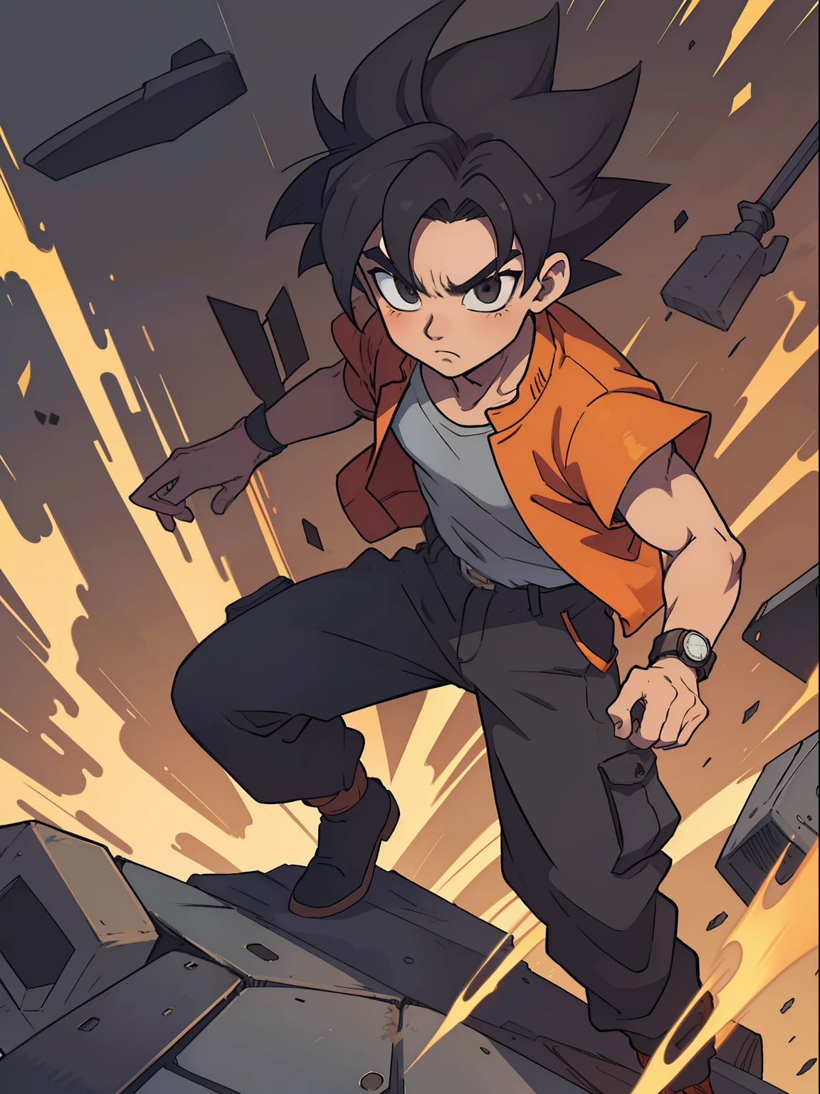 ((1garoto)) jovem, menino, masculino, jaqueta preta com uma listra vermelha no meio na horizontal e a manga da camisa branca, gray cargo pants, smartwatch preto, gray cargo pants, desenho, manga, ((obra-prima)) 4k, ((manga-style)) estilo de desenho, conceito de personagem, forma de super saiyan, loiro, olhos azuis, Son Goku