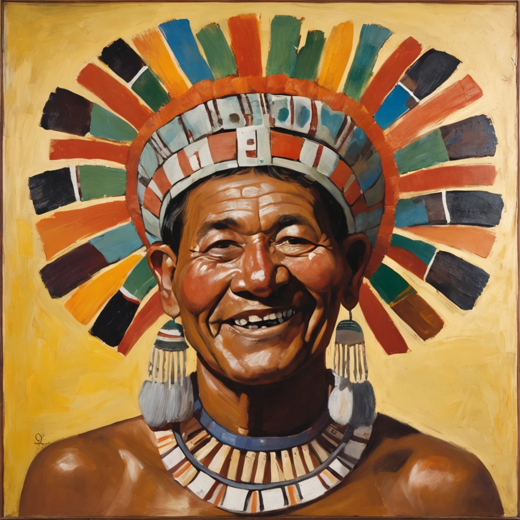 600 B.C. a man, spiritual leader of the Mesoamerican civilization of Teotihuacan, adorned with body paintings, necklace and headdress typical of his people, he laughs and offers a clay cup, extending his hand in front, but there is no one in front of him, no background, style of Jacques-Louis David.