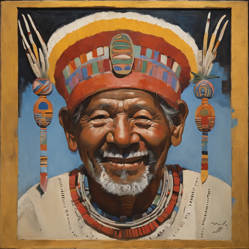 600 B.C. a man, spiritual leader of the Mesoamerican civilization of Teotihuacan, adorned with body paintings, necklace and headdress typical of his people, he laughs and offers a clay cup, extending his hand in front, but there is no one in front of him, no background, style of Jacques-Louis David.