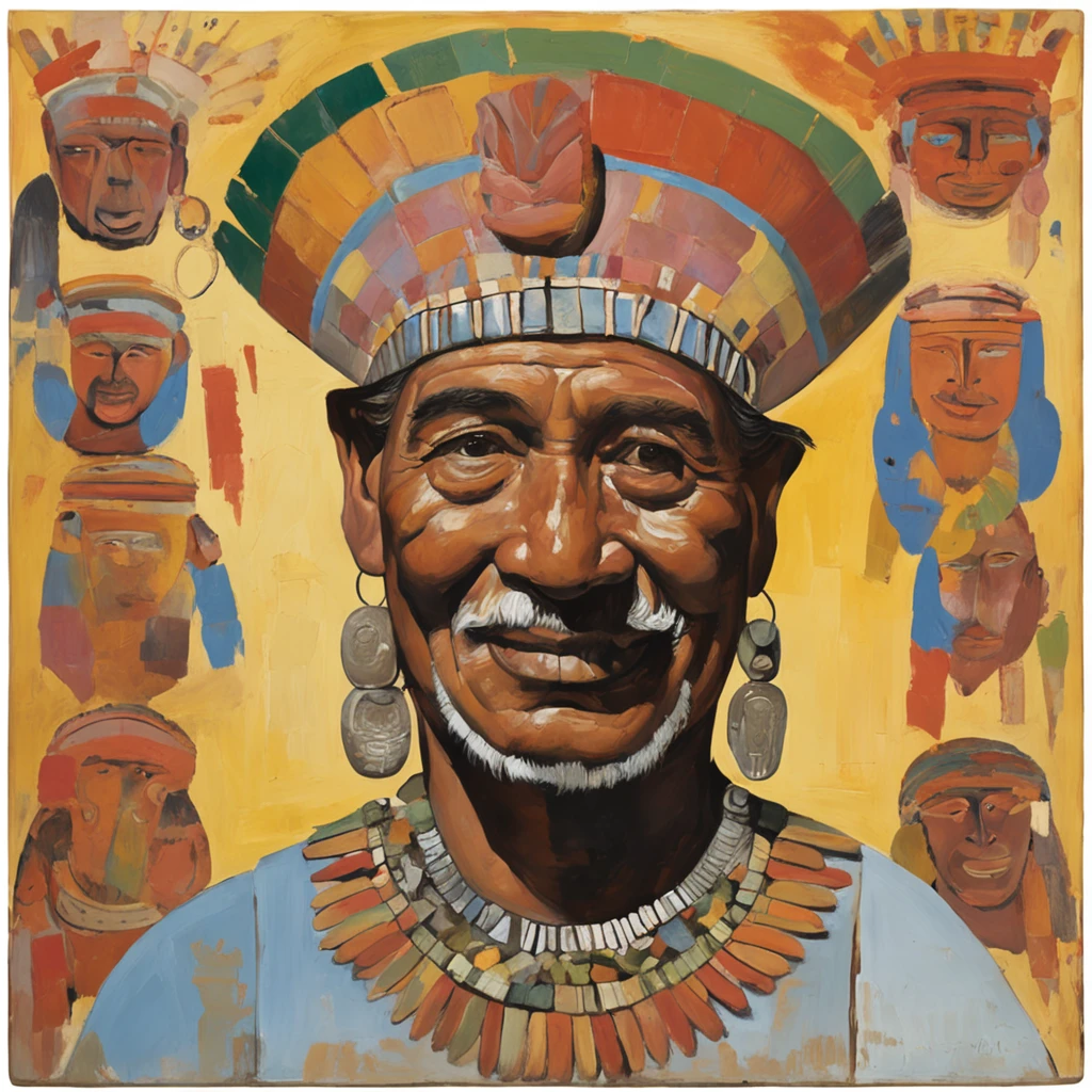 600 B.C. a man, spiritual leader of the Mesoamerican civilization of Teotihuacan, adorned with body paintings, necklace and headdress typical of his people, he laughs and offers a clay cup, extending his hand in front, but there is no one in front of him, no background, style of Jacques-Louis David.