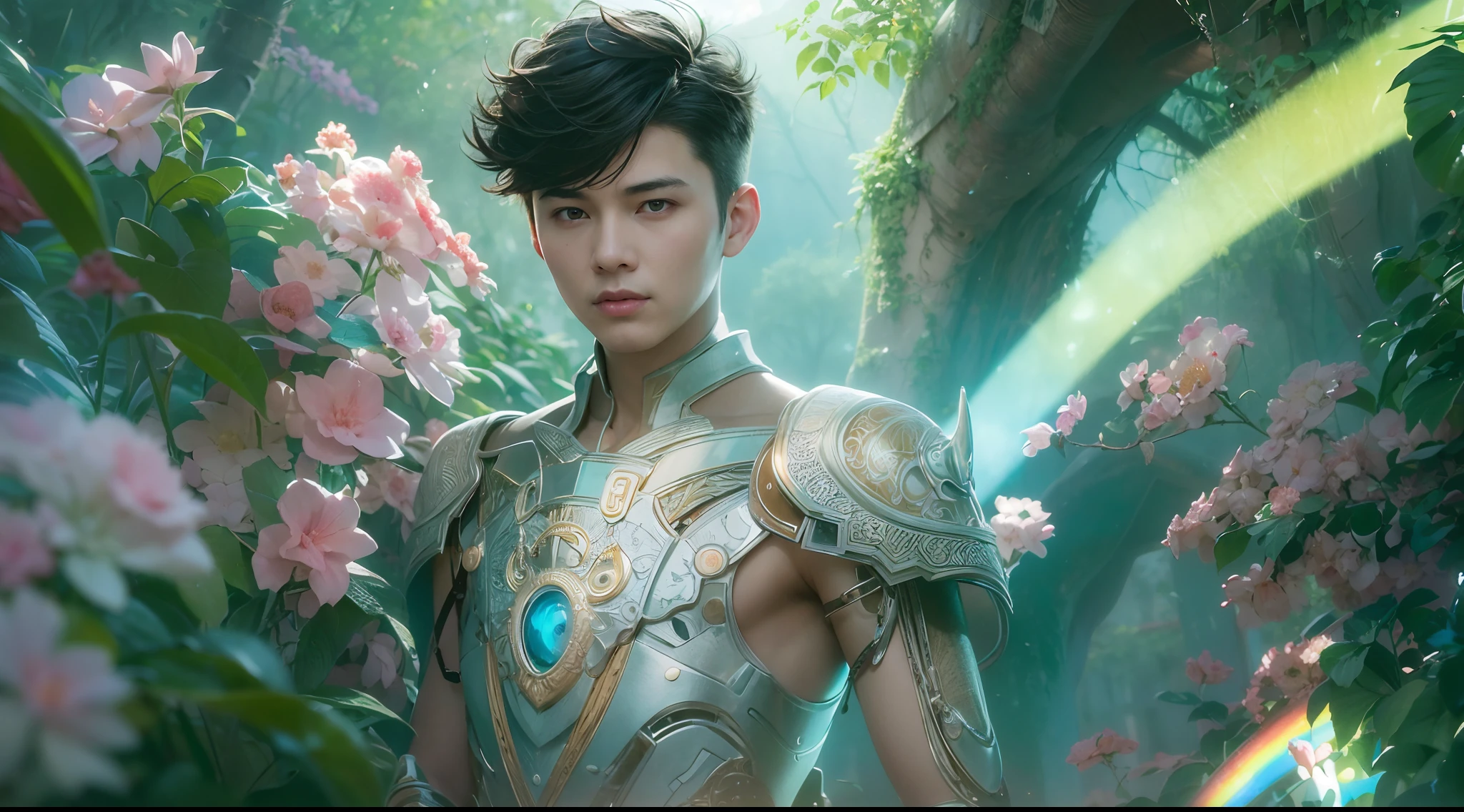 1boy, photo of very very handsome suave smiling young 25-year-old male Chinese prince, clothed in futuristic cybernetic armor, wearing a large futuristic crown, walking in an ethereal enchanted forest with neon glowing flowers and a rainbow in the sky, sci-fi, intricate, neon light, ((perfect face)), ((perfect hands)), ((perfect body)), ((correct anatomy)), ((ultra-realistic)), ((8k, UHD)), highly detailed, digital painting, artstation, concept art, human anatomy, soft light, smooth, illustration, art by tian zi and craig mullins and WLOP and alphonse mucha