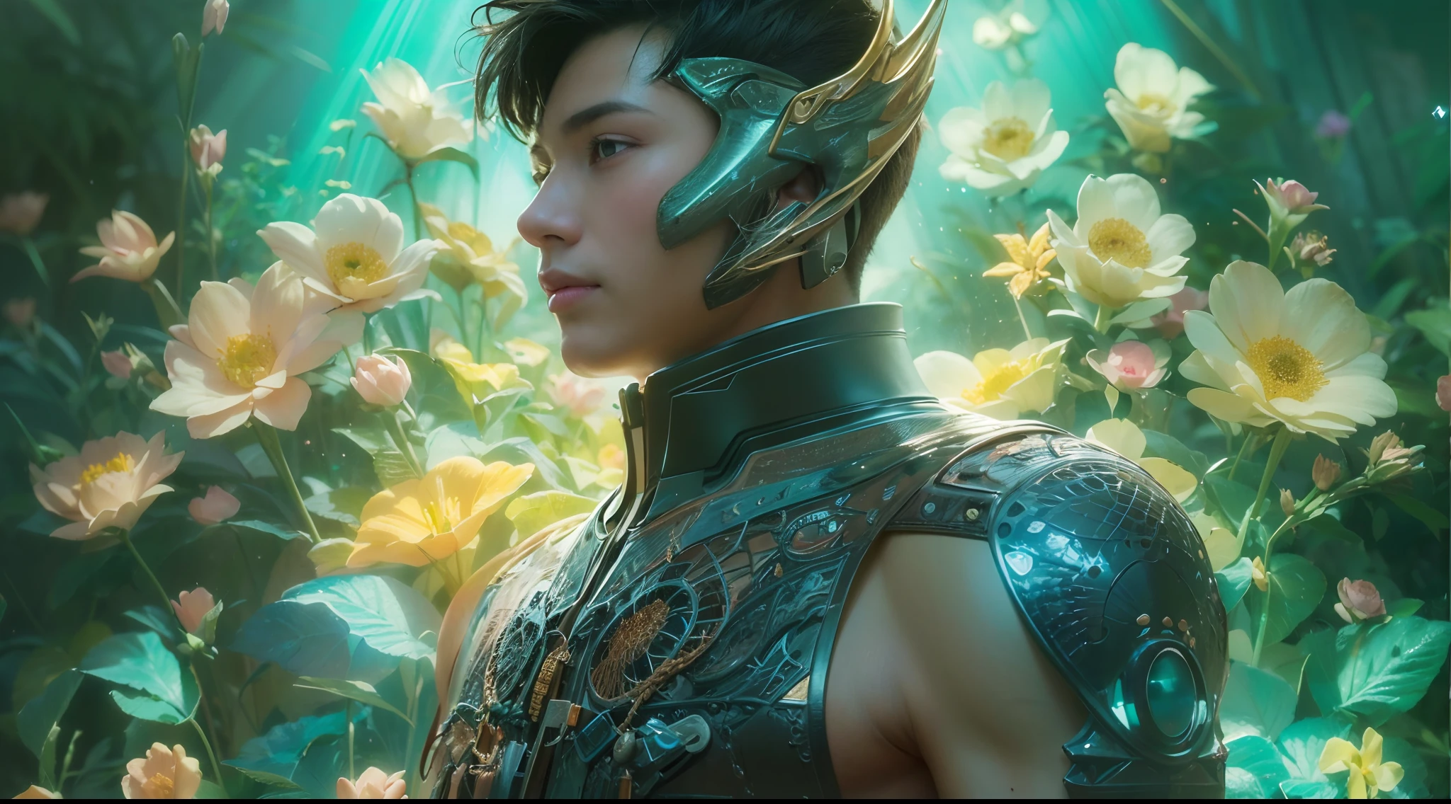 1boy, photo of very very handsome suave smiling young 25-year-old male Chinese prince, clothed in futuristic cybernetic armor, wearing a large futuristic crown, walking in an ethereal enchanted forest with neon glowing flowers and a rainbow in the sky, sci-fi, intricate, neon light, ((perfect face)), ((perfect hands)), ((perfect body)), ((correct anatomy)), ((ultra-realistic)), ((8k, UHD)), highly detailed, digital painting, artstation, concept art, human anatomy, soft light, smooth, illustration, art by tian zi and craig mullins and WLOP and alphonse mucha