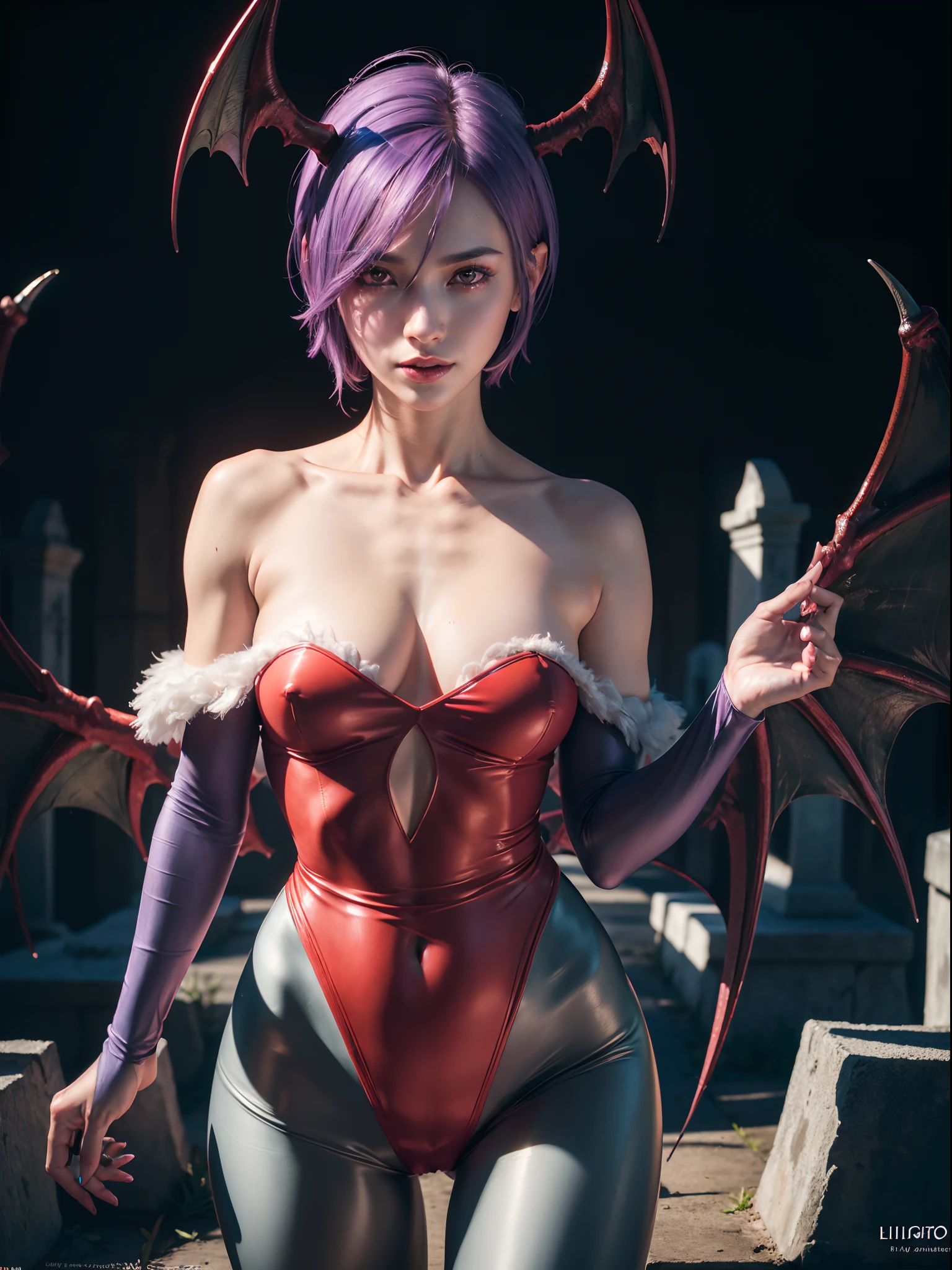 ((Masterpiece)), (high resolution:1.4), (standing:1.2), lilith aensland, violet hair, looking at viewer, beautifull smile, graveyard at night background, dark castle outside, beautiful face, highly detailed skin, skin pores, (highly detailed face:1.1), (highly detailed eyes:1.1), realistic pupils, full face blush, full lips, (perfect anatomy:1.1), (perfect proportions:1.1), (photography:1.1), (photorealistic:1.1), volumetric lighting, dynamic lighting, real shadows, (highres:1.1), sharp focus, (realistic, hyperrealistic:1.4), intricate, high detail, dramatic, subsurface scattering, big depth of field, vivid, polished, sharpened, ((full Sharp)), (extremely absurdres),16k hdr,