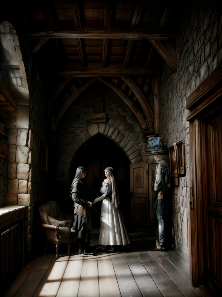 An every day scene of a (man and woman in love:1), mundane fantasy life, chores in the castle, interior view, furniture, sandstone old natural tree bark, still life oil painting, medieval style, (gloomy:1.4), gloomy background, god rays, (high detailed skin:1.2), 8k uhd, high quality, by artgerm,