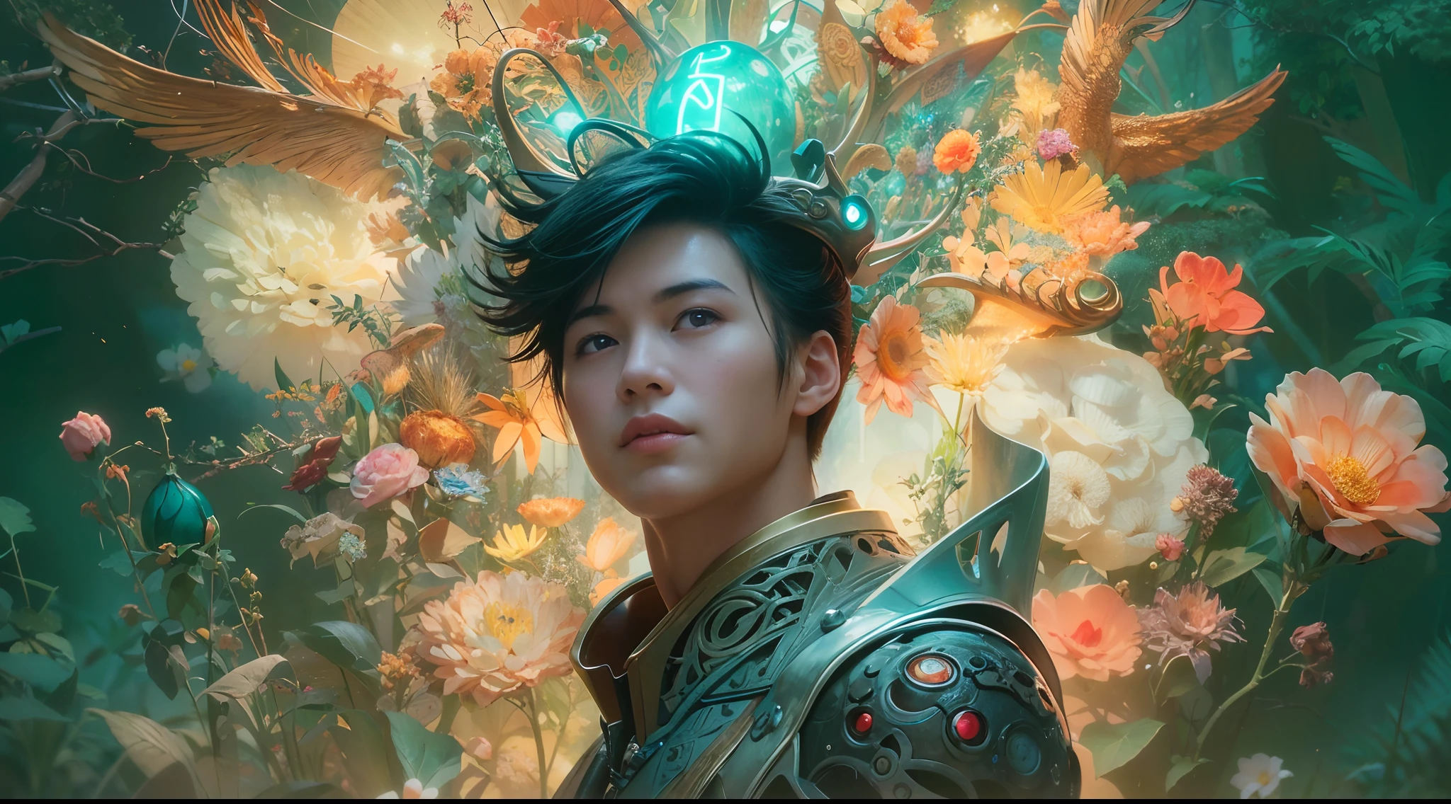 1boy, photo of very very handsome suave smiling young 25-year-old male Chinese prince, clothed in futuristic cybernetic armor, wearing a large futuristic crown, walking in an ethereal enchanted forest with neon glowing flowers and a rainbow in the sky, sci-fi, intricate, neon light, ((perfect face)), ((perfect hands)), ((perfect body)), ((correct anatomy)), ((ultra-realistic)), ((8k, UHD)), highly detailed, digital painting, artstation, concept art, human anatomy, soft light, smooth, illustration, art by tian zi and craig mullins and WLOP and alphonse mucha