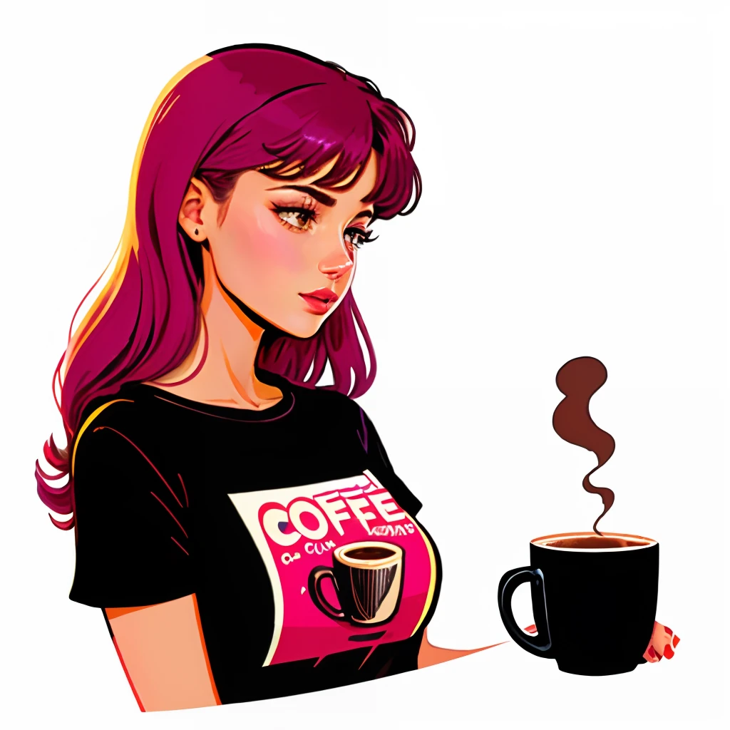 there is a woman that is holding a cup of coffee, woman drinking coffee, in style of digital illustration, comics style illustration, vector art, portrait of morning coffee, highly detailed illustration, vector t-shirt design