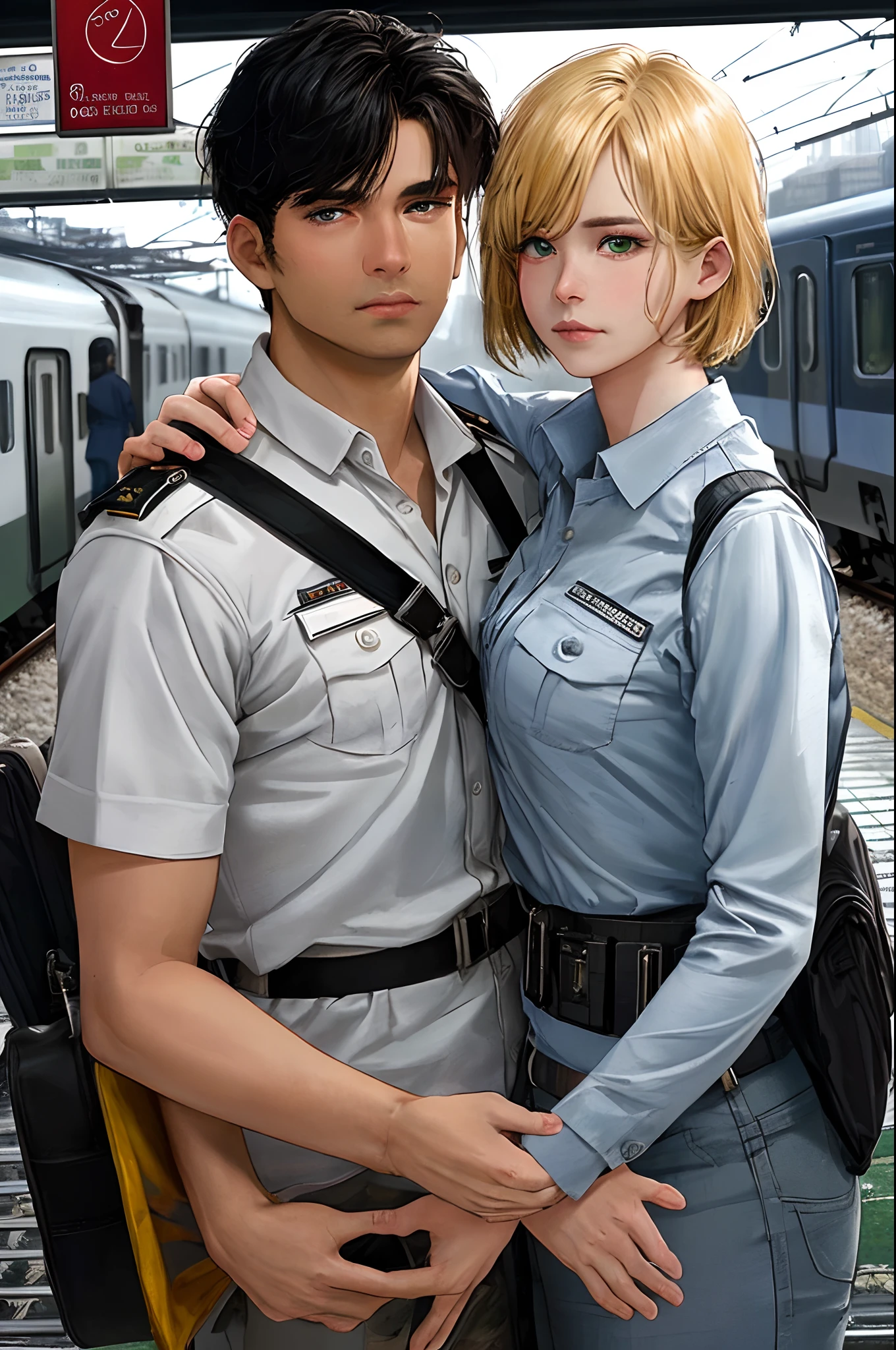 high details, best quality, 8k, [ultra detailed], masterpiece, best quality, (extremely detailed), full body, ultra wide shot, photorealistic,  realistic art, a wide angle, (((anatomically correct))) a picture of  two lovers saying goodbye at the trai station, [[1]] extremley beatiful woman (intense details, Masterpiece, best quality: 1.5), army officer,military personel (intense details, Masterpiece, best quality: 1.5),  ultra detailed face, blond hair, short hair, blue eyes, wearing army uniforms, armed with a pistol side arm, [[and ]] [[1]] good looking man, civilian man (intense details, Masterpiece, best quality: 1.5),  civilian clothing, ultra detailed face, black hair, green eyes, a view from short distance train station background, sense of farewell, atmosphere of departure