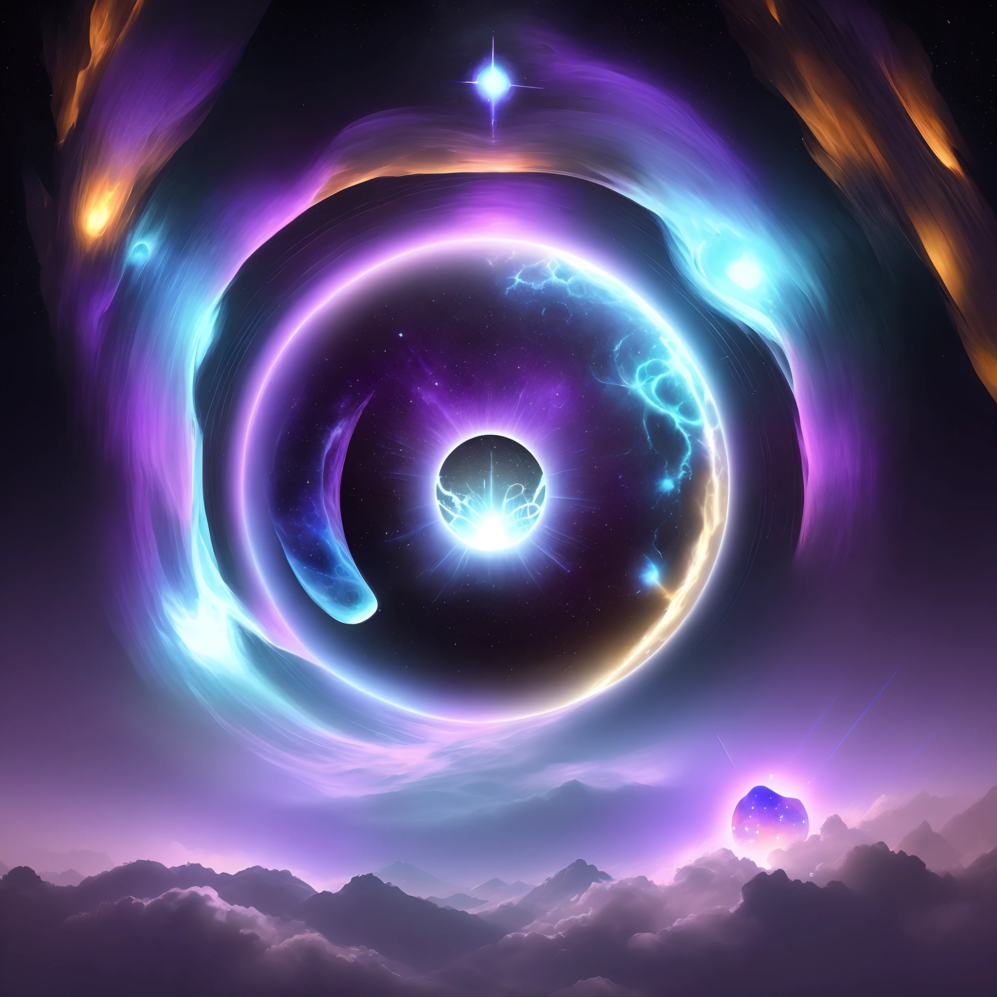 Develop a stylized design of a cosmic portal that represents intergalactic connection. Use cosmic colors like purple and blue to evoke mystery and spirituality. The shape of the portal should be unique and intriguing, suggesting a passage to another plane of existence