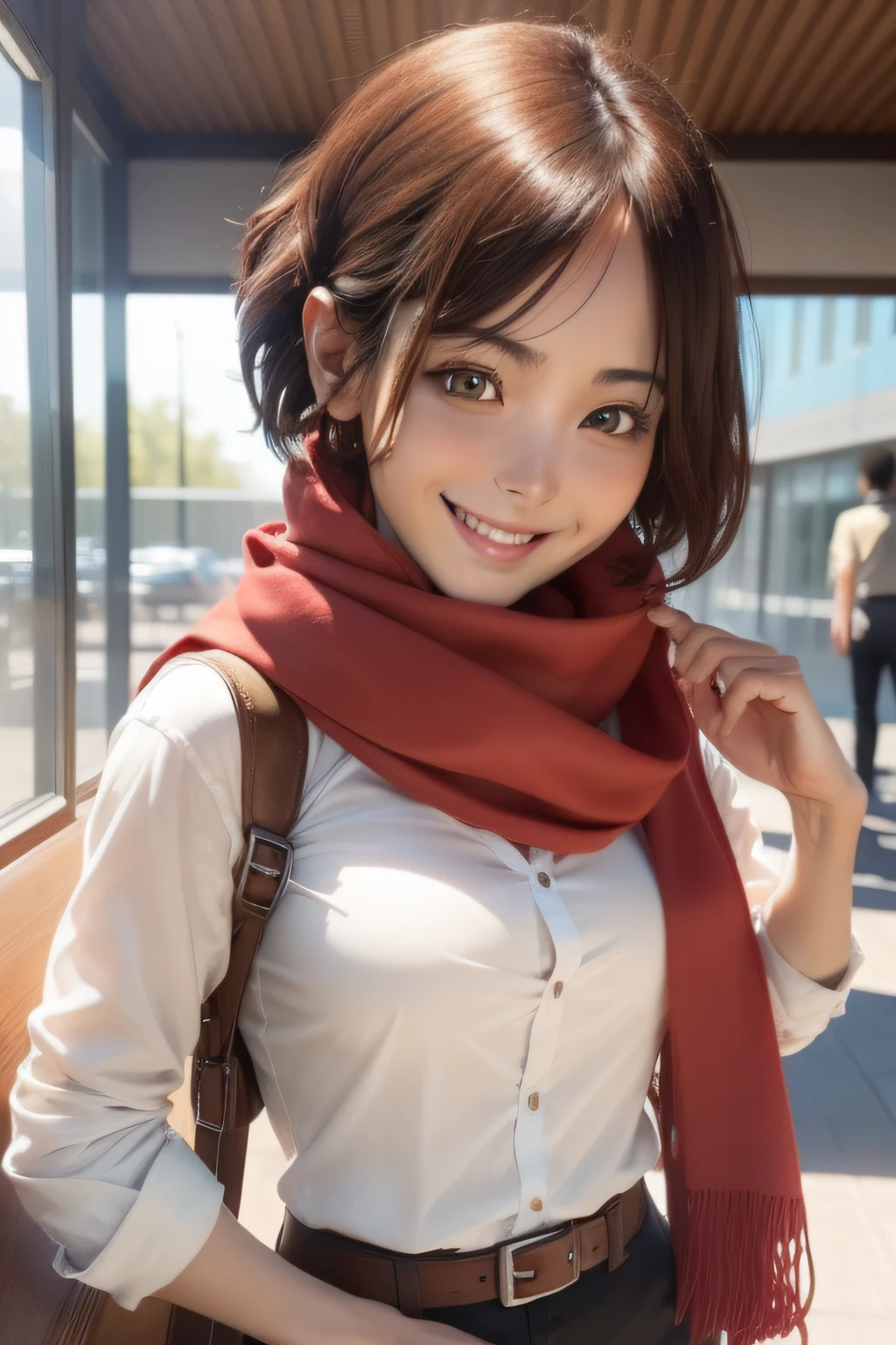 one girl, mikasa ackerman, facing viewer, smiling, realistic, brown shirt, white shirt, red scarf, high quality, image detail, full HD, 4k