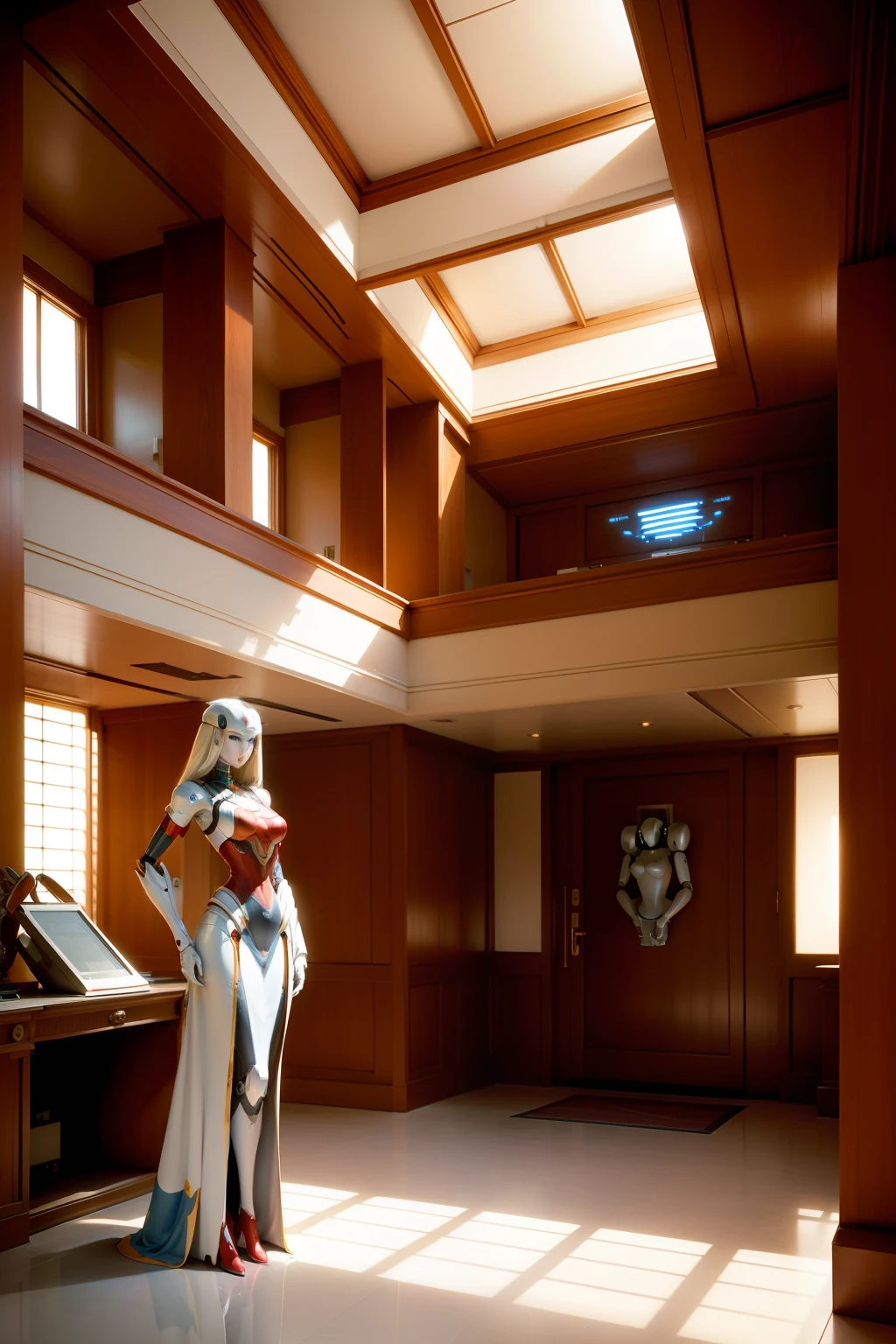 Entrance hall designed by Frank Lloyd Wright、There is a reception counter and a beautiful AI robot woman is working