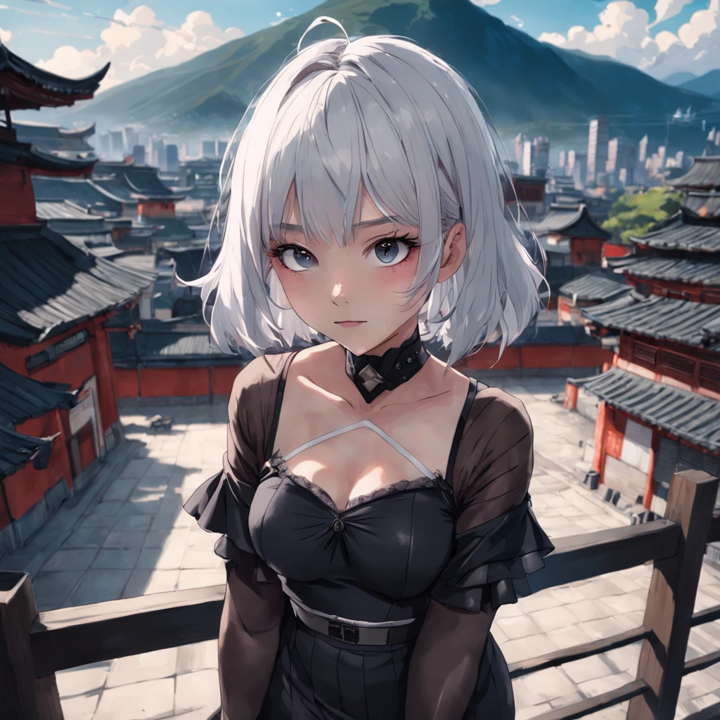 (8k, 4k, best quality, highres:1.1)(masterpiece),choker, best quality, expressive eyes, perfect face,layladef, full body, smile, outdoors, day, girl, white hair, bangs, short hair, mole under eye, fasihoned looking,goth makeupsky, temple, looking at viewer, mountain, moody lighting,black hair,glasses,fish nets socks,