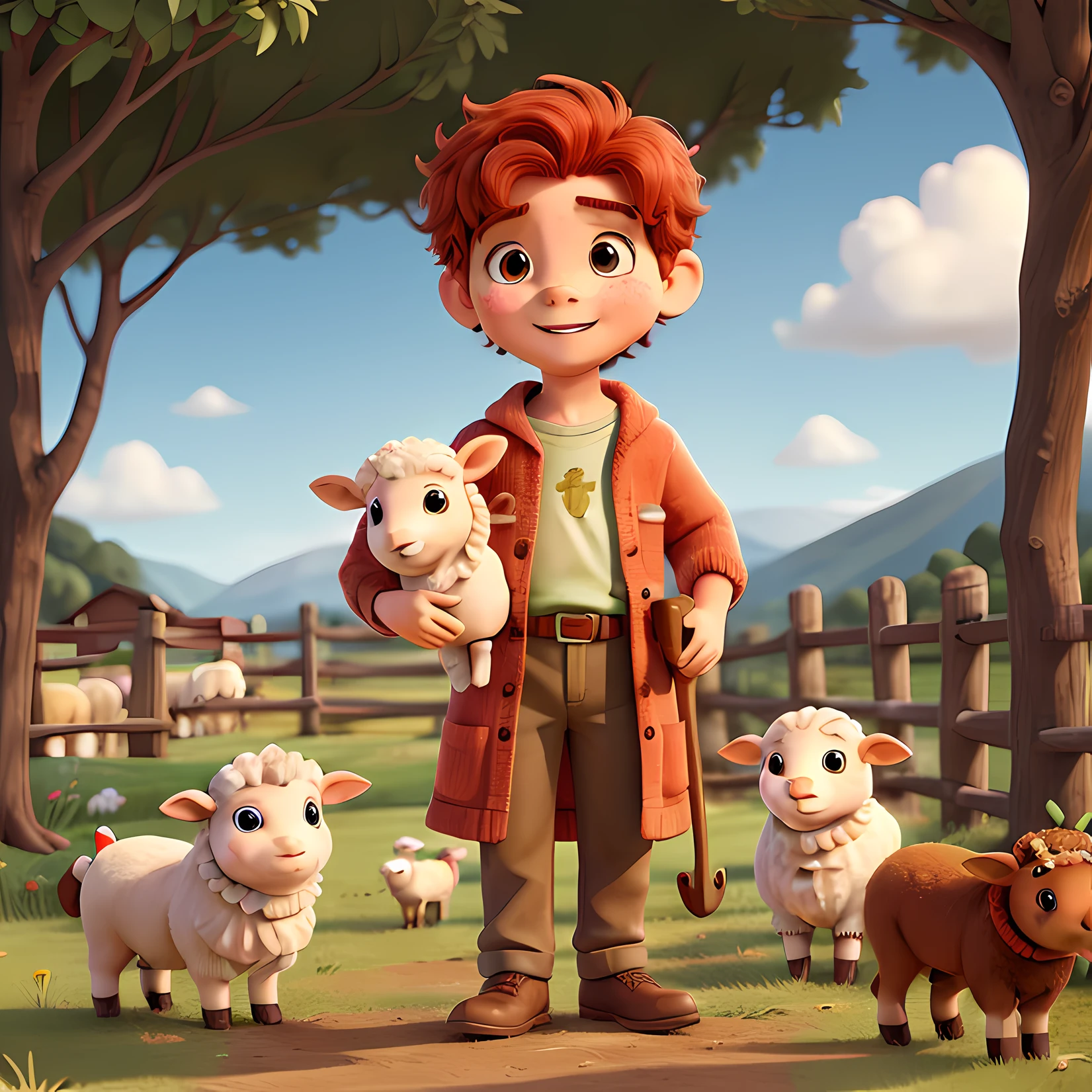 The character I'm going to create to illustrate the book is a red-haired boy with freckles, and he's a shepherd of sheep. Ele se chama Davi e mora e cuida das ovelhas no campo. David tem cabelos ruivos cacheados e muitas sardas no rosto, o que o torna muito fofo. Ele usa roupas estilo as de Jesus. He is brave and loves to take care of his sheep. Always with a wooden staff in his hand and a cheerful expression on his face, David passeia pelos campos verdes, singing lullabies to soothe your sheep. He's a lovely character who teaches kids about care and responsibility. Desenho estilo aquarela. This illustration has to be ultra-realistic and 4k