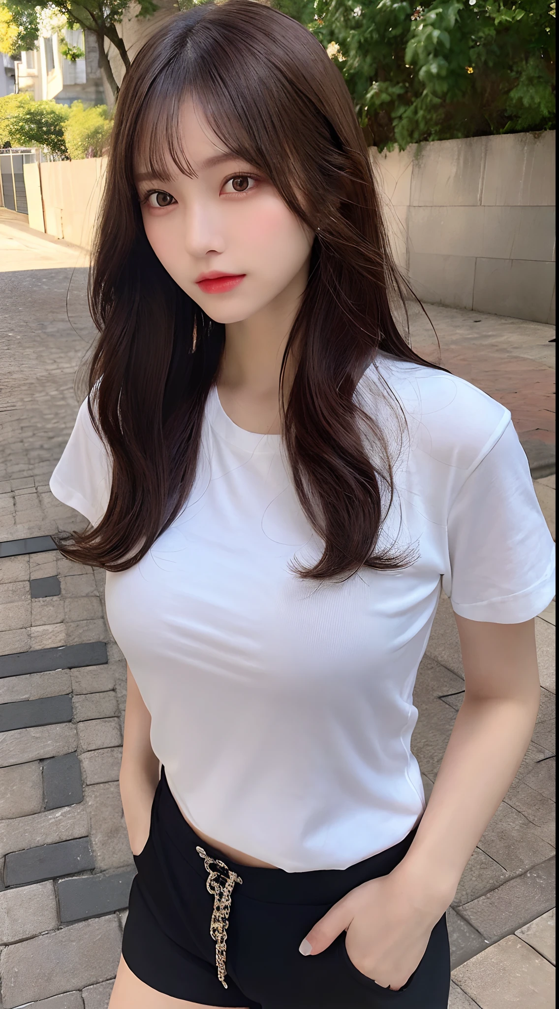 ((Best Quality, 8K, Masterpiece: 1.3)), Focus: 1.2, Perfect Body Beauty: 1.4, Buttocks: 1.2, (Dark Street: 1.3), Highly Detailed Face and Skin Texture, Full Body, Delicate Eyes, Double Eyelids, Whitened Skin, short wavy Hair, (Round Face: 1.5), white tight shirt, black short A skirt