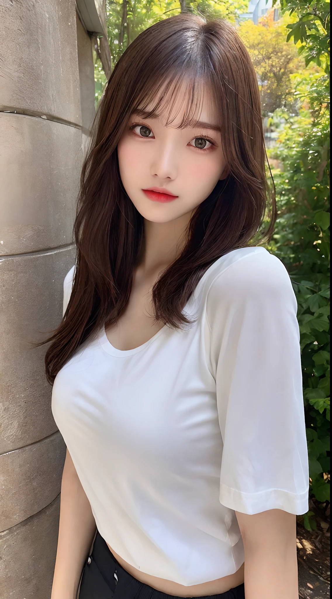 ((top quality, 8k, masterpiece: 1.3)), sensual woman, 1 girl, (slender figure: 1.2), dark brown hair, (outdoor, shirt, shorts: 1.1), ultra detailed face, detailed lips, detailed eyes, double eyelids, (huge breasts: 1.2)