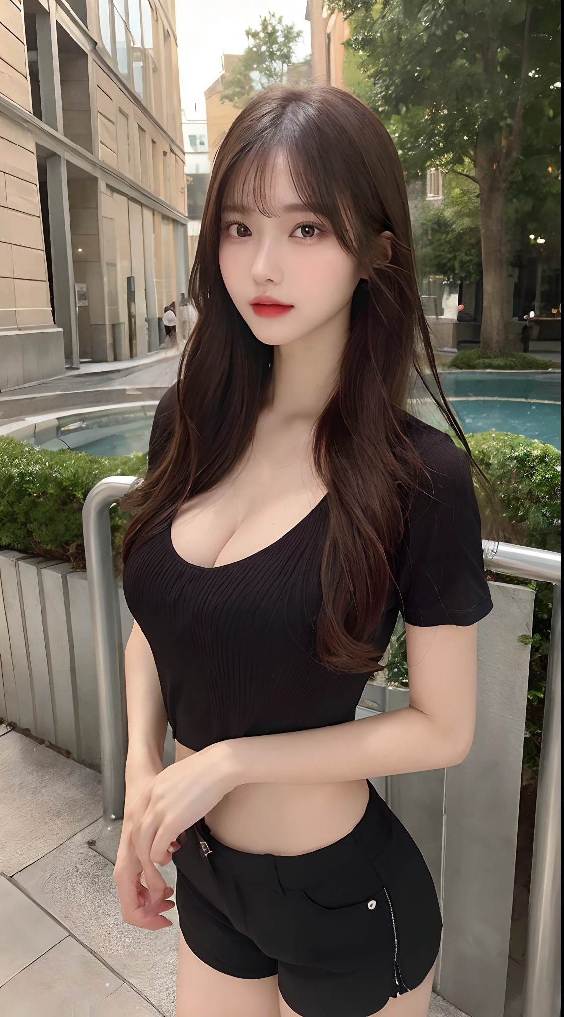 ((top quality, 8k, masterpiece: 1.3)), sensual woman, 1 girl, (slender figure: 1.2), dark brown hair, (outdoor, shirt, shorts: 1.1), ultra detailed face, detailed lips, detailed eyes, double eyelids, (huge breasts: 1.2)