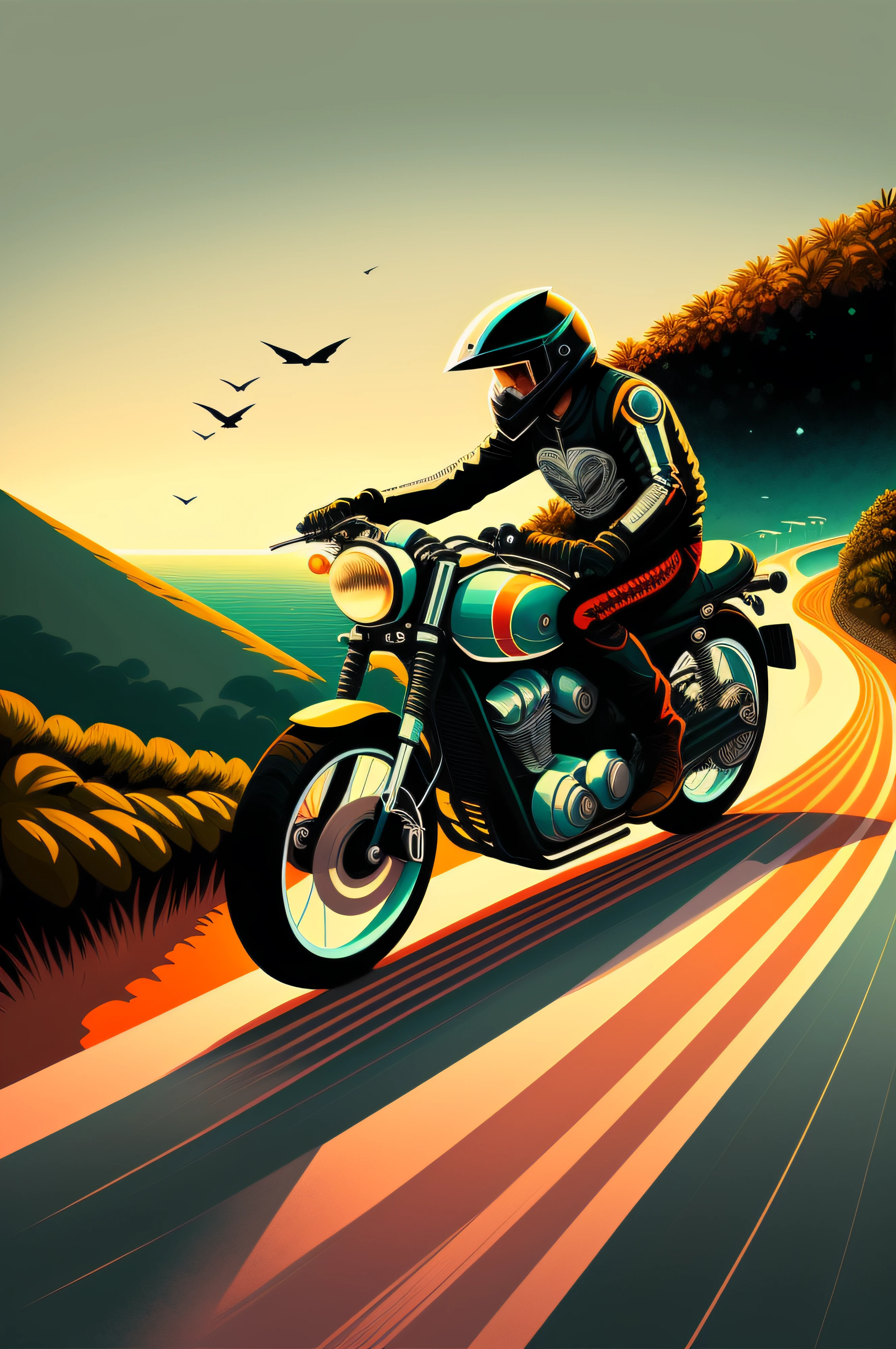 Create the illustration of a biker on a custom motorcycle, estradeira, andando por uma longa estrada, rota 66