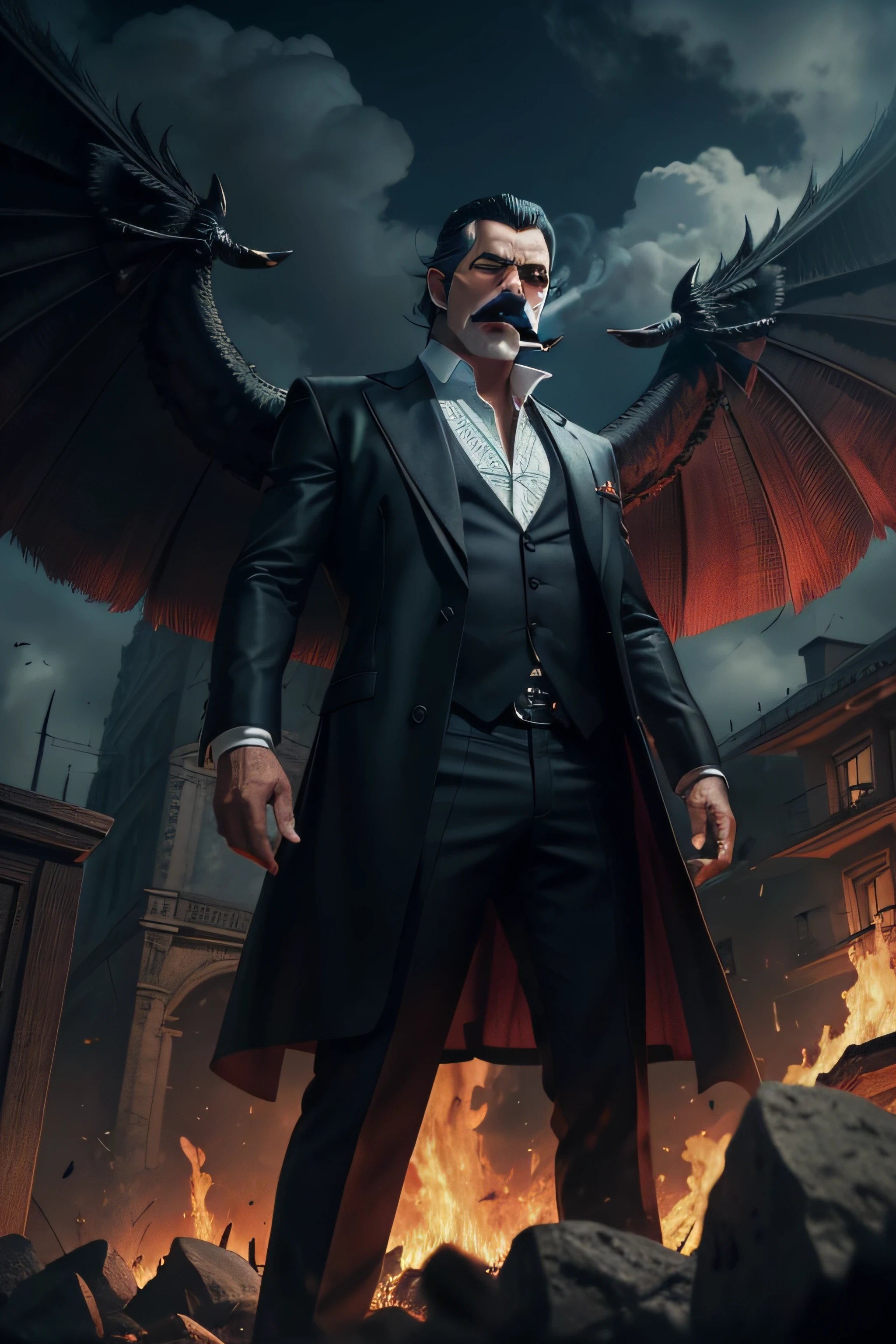 Lucifer, Clima de mafia ((e bigode grande)), vestindo uma cartola e smoking preto e vermelho, skinny, olhar poderoso e malefico (Fundo escuro, cidade nortuna), Ultra HD |, qualidade da obra-prima, alta qualidade, Qualidade Superior, qualidade perfeita"