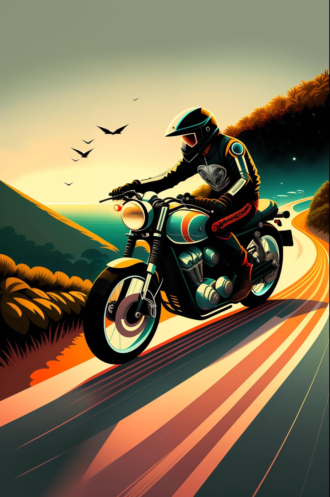 Create the illustration of a biker on a custom motorcycle, estradeira, andando por uma longa estrada, rota 66
