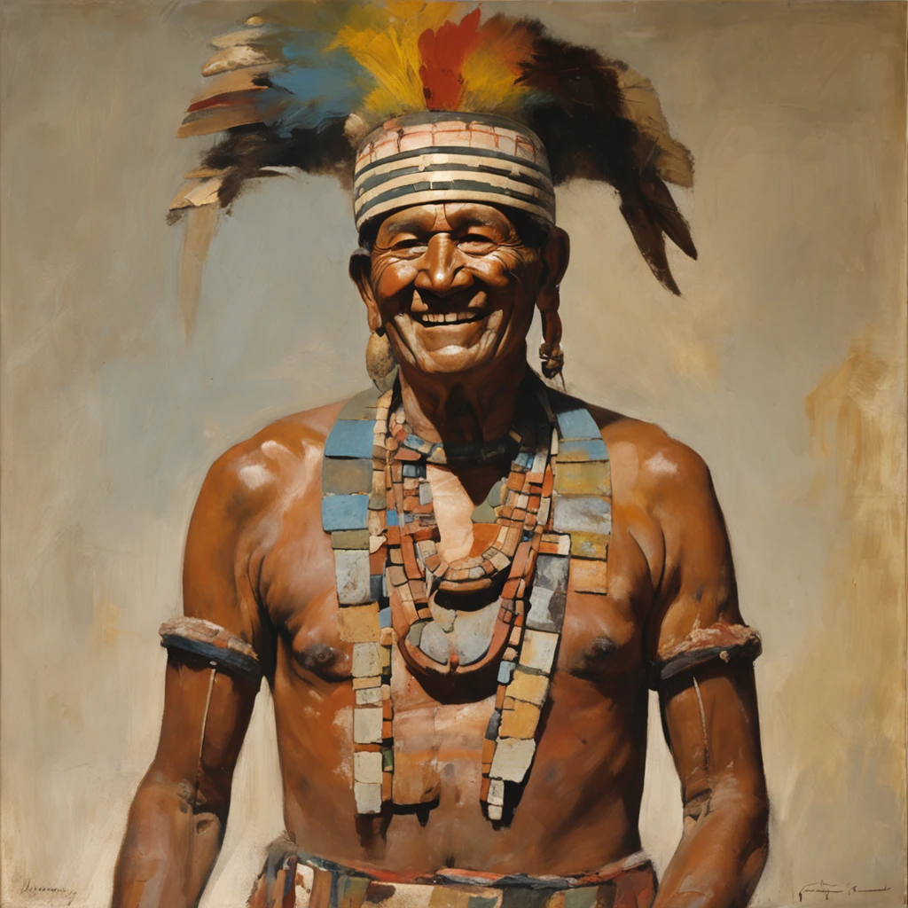 side view, upper body, 600 B.C. a man, spiritual leader of the Mesoamerican civilization of Teotihuacan, adorned with body paintings, necklace and headdress typical of his people, he laughs and offers a clay cup, extending his hand in front, but there is no one in front of him, no background, style of Jacques-Louis David.