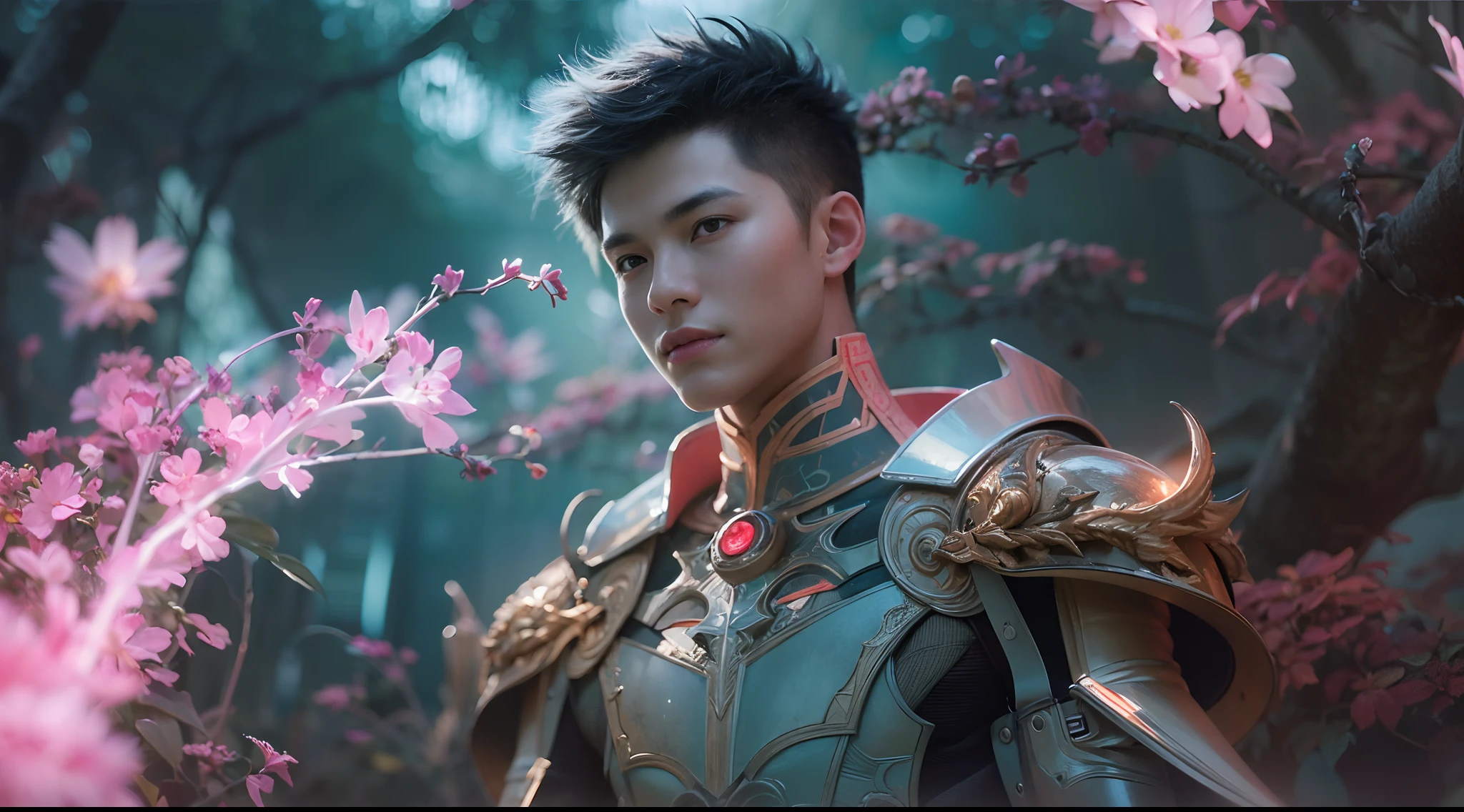 1boy, photo of very very handsome suave smiling young 25-year-old male Chinese prince, clothed in futuristic cybernetic armor, wearing a large futuristic crown, walking in an ethereal enchanted forest with neon glowing flowers and a rainbow in the sky, sci-fi, intricate, neon light, ((perfect face)), ((perfect hands)), ((perfect body)), ((correct anatomy)), ((ultra-realistic)), ((8k, UHD)), highly detailed, digital painting, artstation, concept art, human anatomy, soft light, smooth, illustration, art by tian zi and craig mullins and WLOP and alphonse mucha