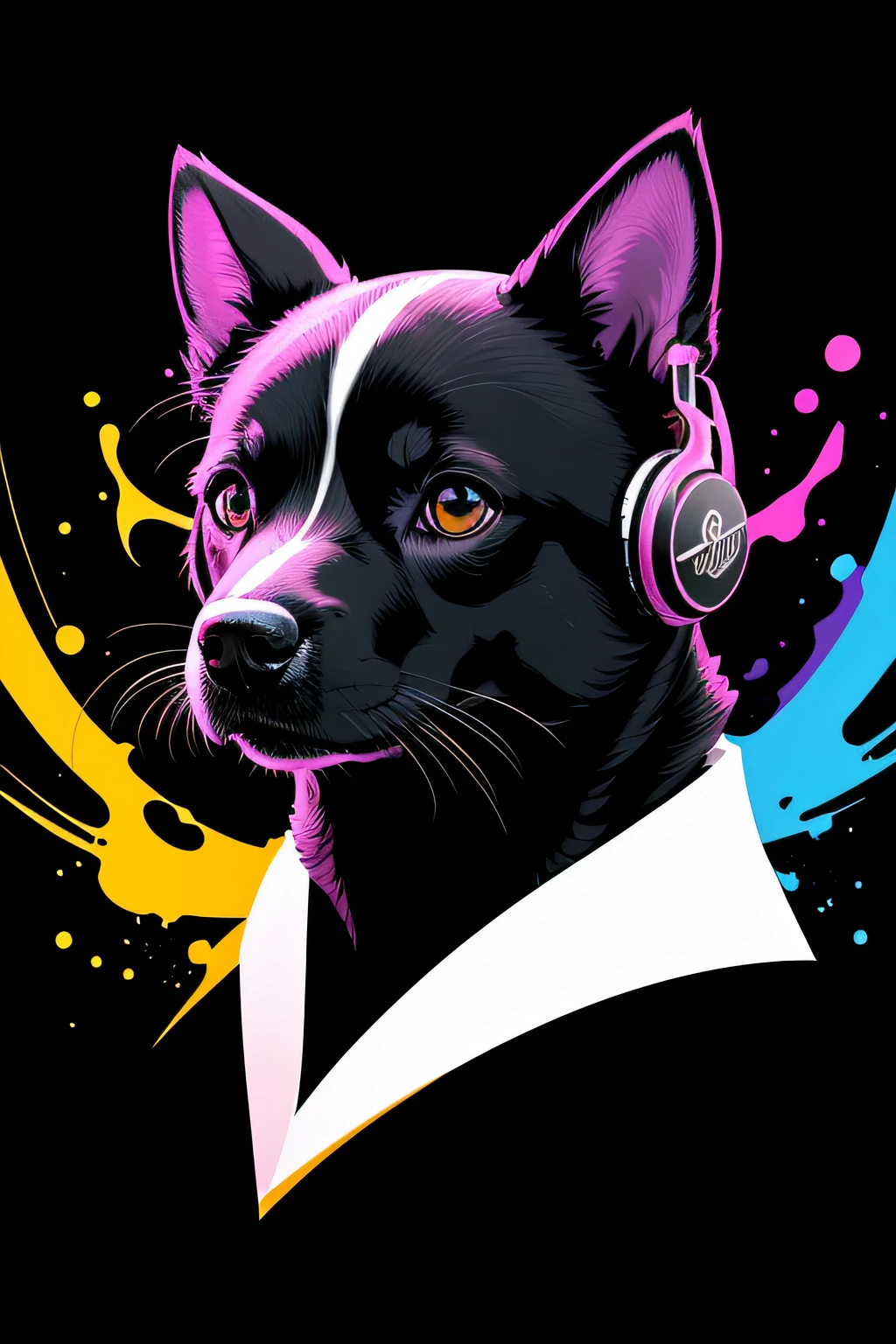 colorful logo, minimalist logo illustration of vector art of a black puppy head, wearing a headphone, ears down, front facing, magic, sharp design, smooth, monochromatic colorful, dark magic colorful paint splash, t-shirt design, in the style of Studio Ghibli, The design should be in vector art, showcasing the dog. Use Adobe Illustrator to craft the logo with crisp lines and a simple yet captivating look. Keep the design centered on the dog eyes, capturing their uniqueness and charm. The logo should evoke a sense of sophistication and tranquility. Emphasize a low-poly style to add a touch of uniqueness to the whiskers. The overall aesthetic should be sleek and stylish, making it suitable for branding and logo purposes, black background