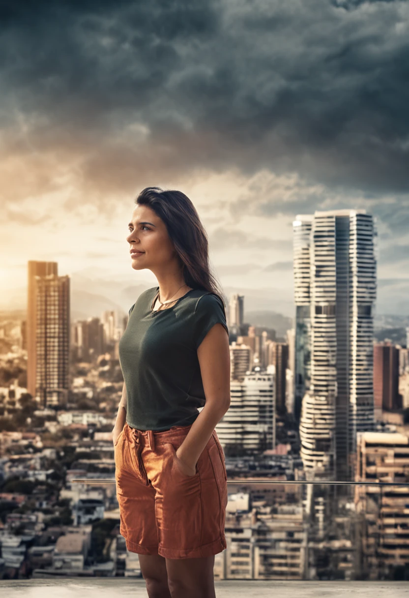 mujer bella joven emprendedora tech y de medioambiente, mirando el horizonte sobre su edificio, parque, agua, hiperrealismo, Photographic realism in the foreground, Profundidad de campo::2